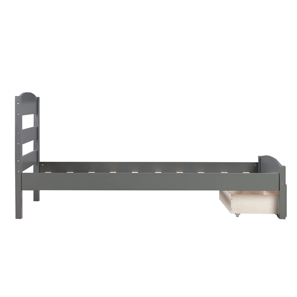 Twin Size Platform Bed Frame with Storage Drawers - Solid Pinewood Bed with Wide Plank Curved Headboard, Under Bed Storage Space - Perfect for Small Bedrooms, Guest Rooms & Studio Apartments (Gray)