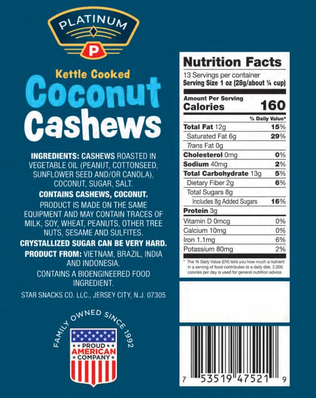 Premium Kettle Cooked Coconut Cashews - Vegan Protein Snack, High Fiber, Gluten-Free, Healthy Nuts for Energy - Resealable 13oz Pouch - Perfect for Home, Office, Gym & School Snacking