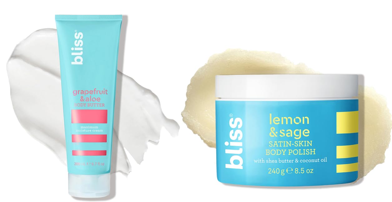Bliss Hydrate & Exfoliate Body Butter & Scrub Duo - Grapefruit Aloe Moisturizing Cream & Lemon Sage Body Polish - 6.7oz Dry Skin Care Set for Silky Smooth Skin | Perfect for Shower Routine & Spa Day at Home