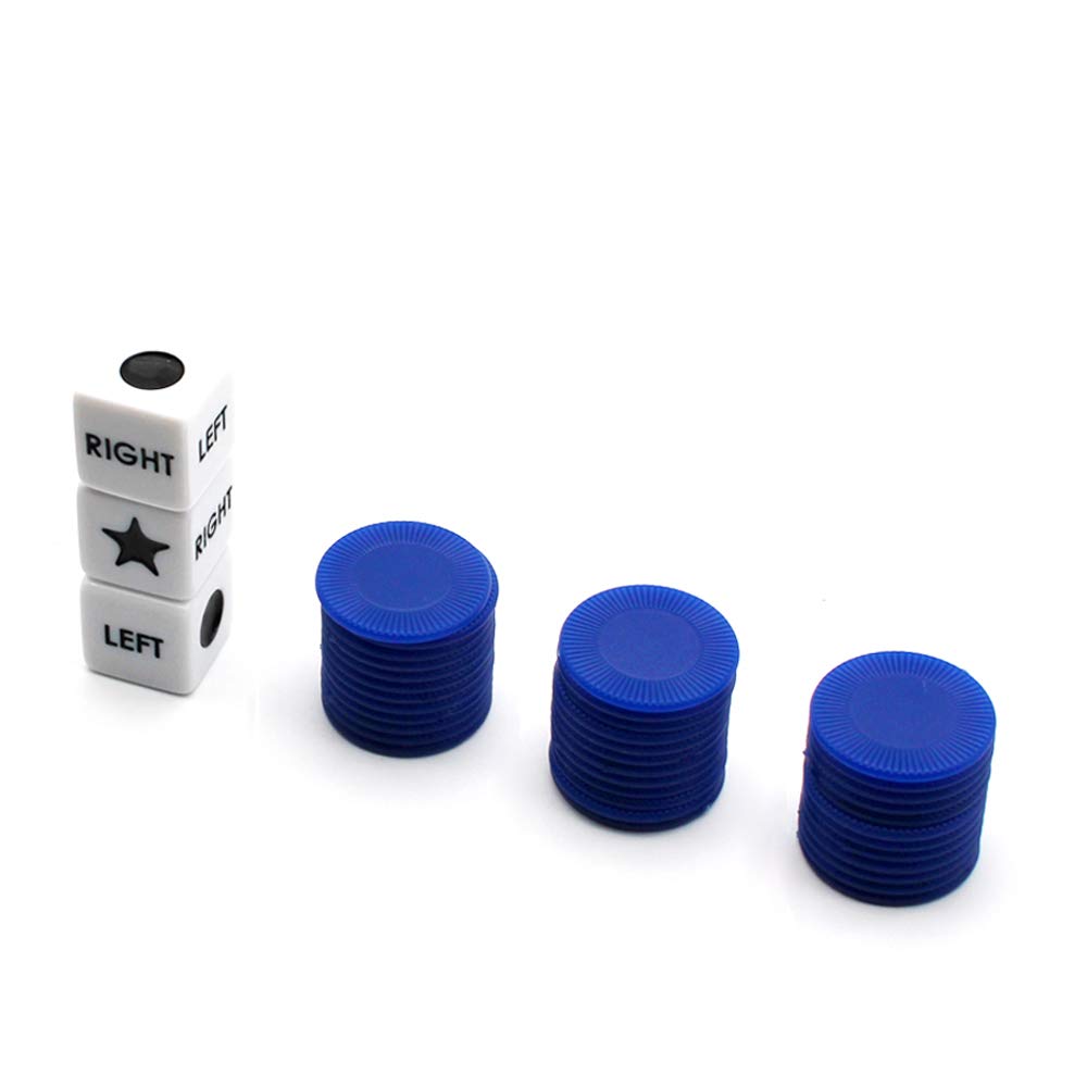 Right Left Center Dice Game Set with 3 Dice & 36 Blue Chips - Fun Family Party Game for Game Nights, Camping & Travel