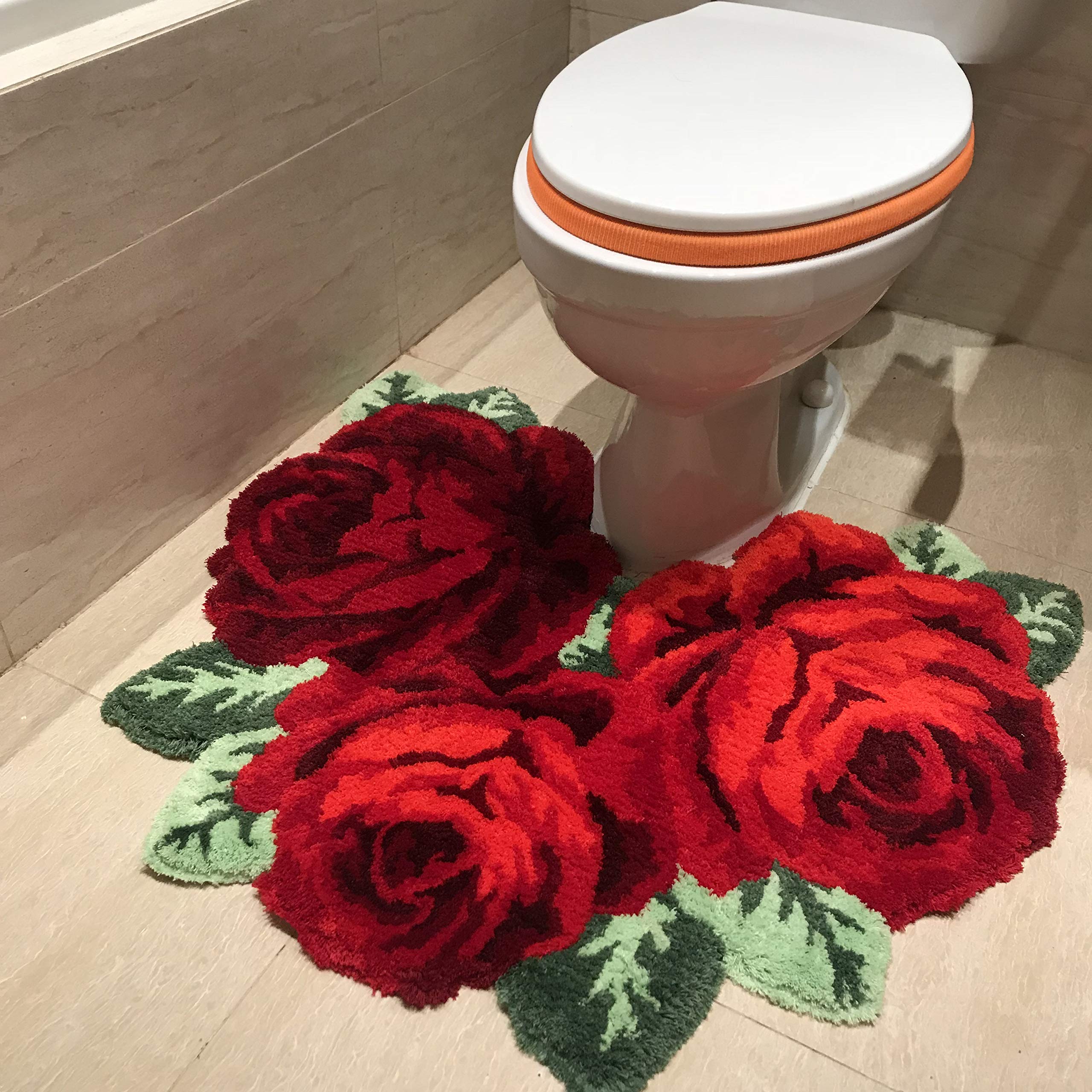 USTIDE Shaggy Bathroom Rug - Ultra Soft Plush U-Shaped Toilet Rug, Red Rose Water Absorbent Non-Slip Bath Mat for Vanity & Shower - Machine Washable 31x24 Inches - Perfect for Christmas Decor & Cozy Bathroom Accent