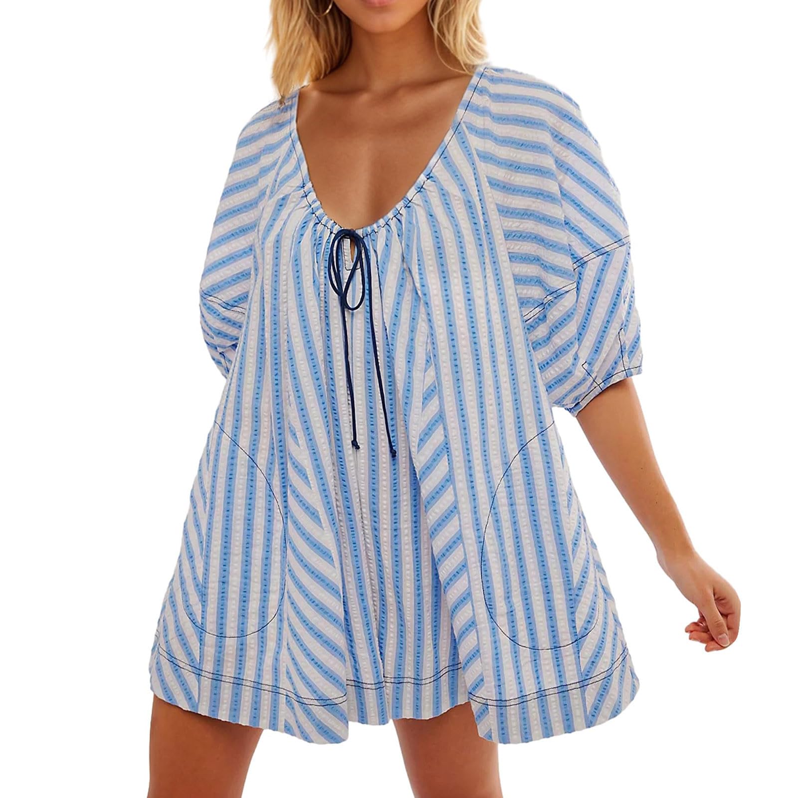Women's Striped Rompers 2024 - Casual V-Neck Short Sleeve Jumpsuit with Pockets for Summer Outings
