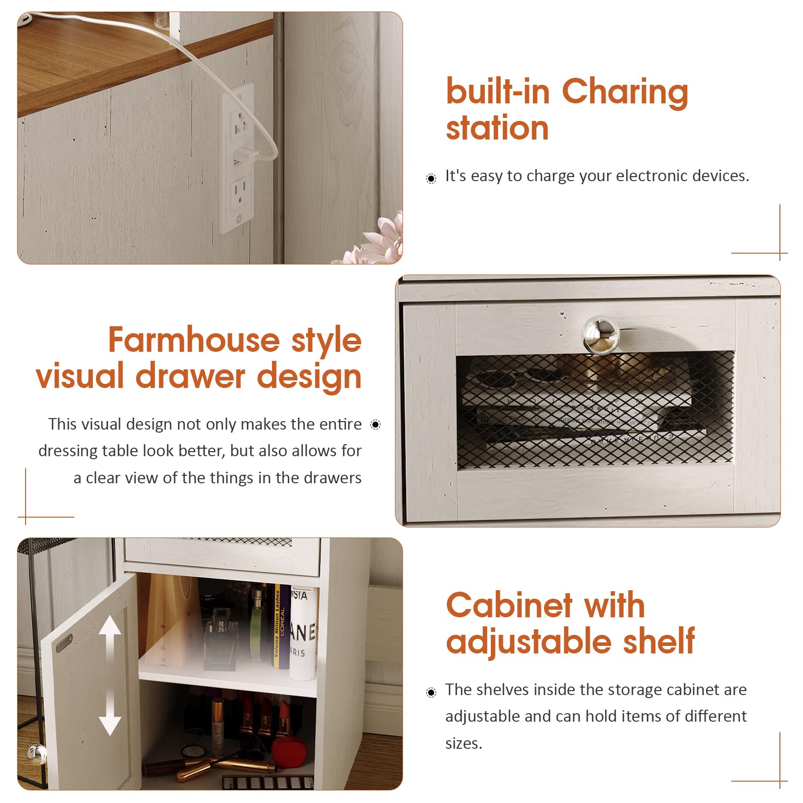 Farmhouse Vanity Desk with Mirror & LED Lights - White Makeup Dressing Table with 5 Drawers, Hidden Storage & USB Charging Station - Rustic Large Bedroom Vanity with Shelves for Cosmetics & Jewelry Organization - Perfect for Master Bedroom, Guest Room & Dressing Area