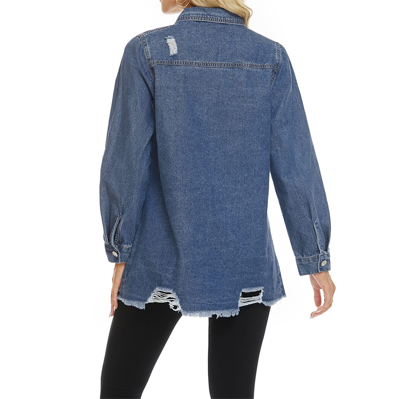 Women's Distressed Denim Jacket - Ripped Button Down Long Sleeve Casual Jean Coat for Everyday Wear, Street Style & Layering