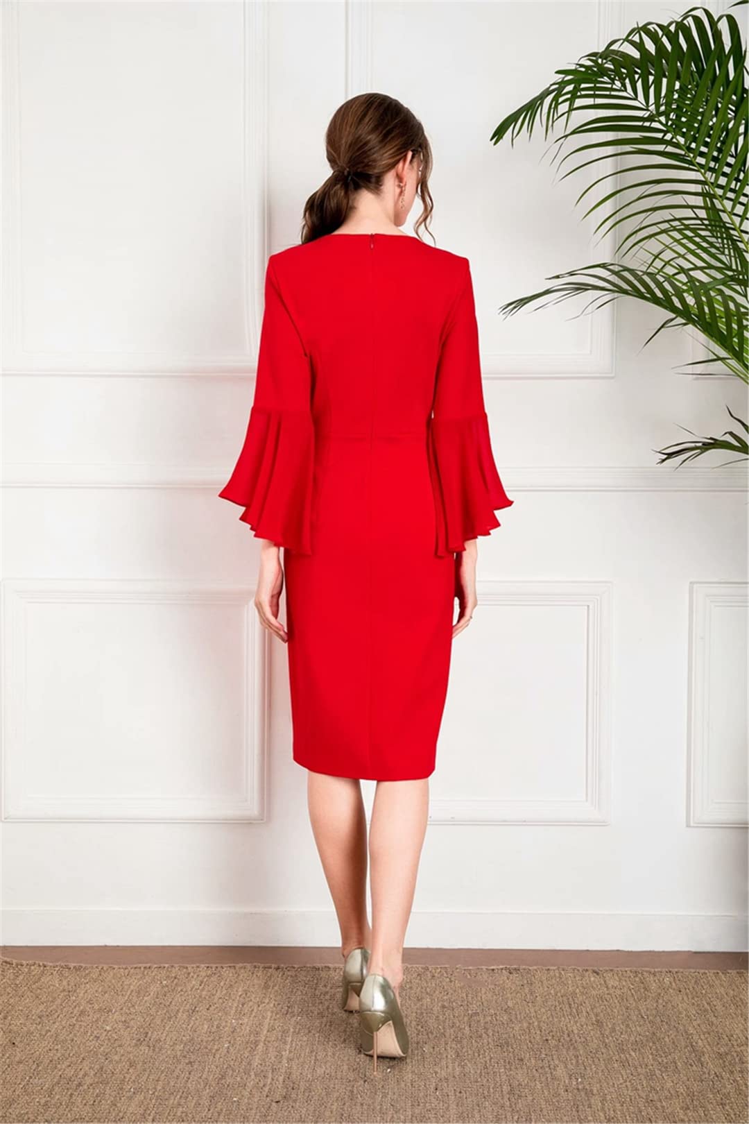 Elegant Office Ladies Dress with Flare Sleeves - Luxury Beaded Embroidery Midi Dress in Black & Red | Perfect for Work, Cocktail Parties & Special Occasions