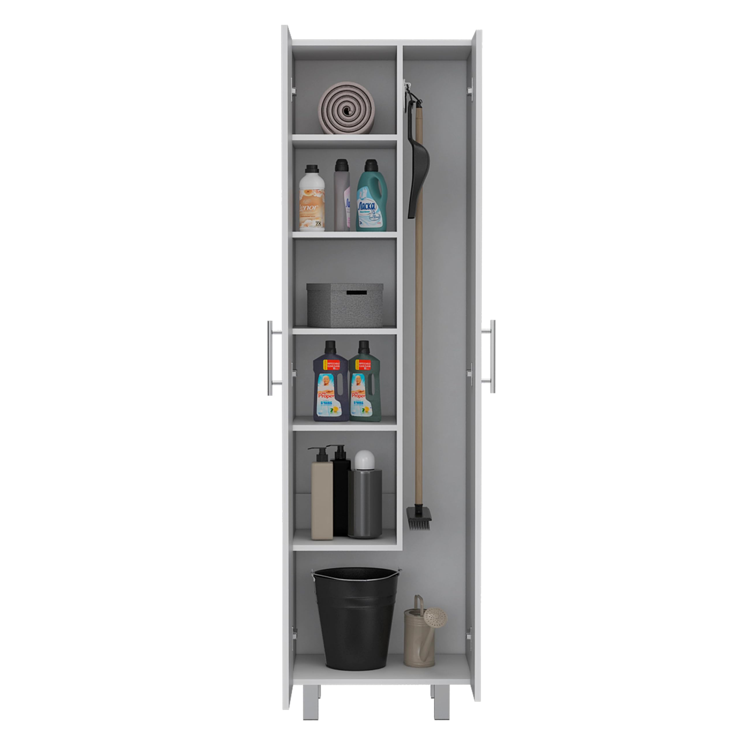 TUHOME Nala White Double Door Cleaning Cabinet with 5 Shelves & 4 Legs - Perfect for Bathroom, Kitchen, Laundry Room & Garage Storage Organization
