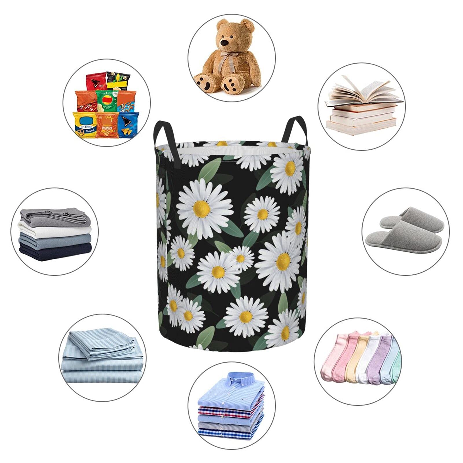 Collapsible Laundry Basket with Handle - Waterproof Fabric Hamper Organizer for Clothes, Toys & Bathroom Storage | Sunflower Daisy Design with Leaves | Foldable Dirty Clothes Bin for Home, Dorm & Travel Use