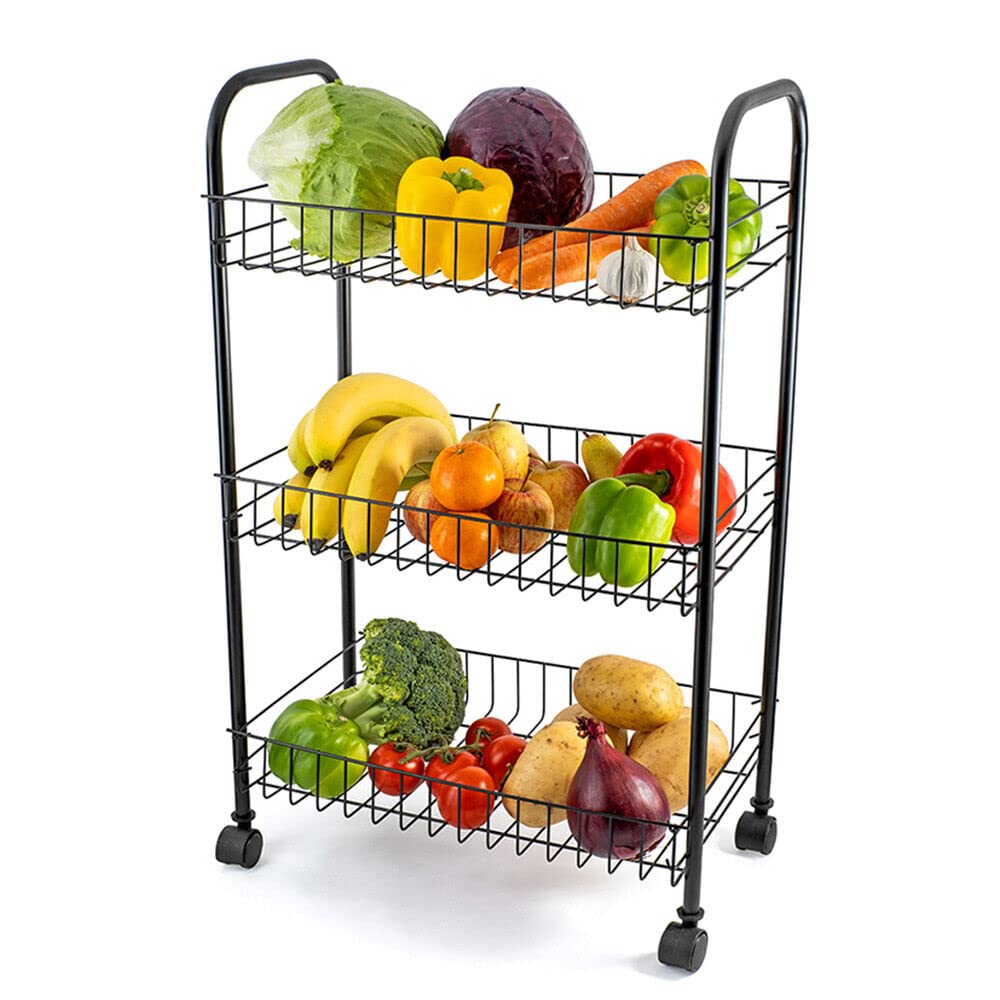3-Tier Rolling Kitchen Storage Cart - Black Organizer Basket for Fruits, Vegetables, Books & Tools | Space-Saving Mobile Trolley for Pantry, Office, Dorm & Garage Organization