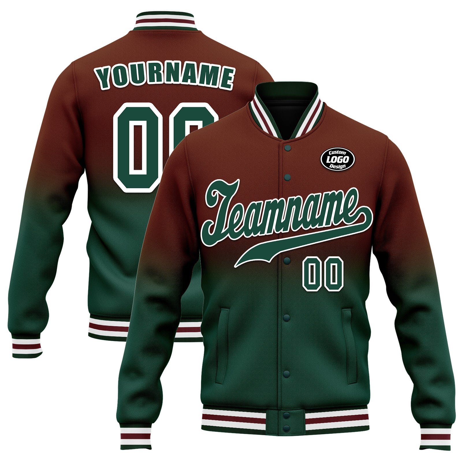 Custom Brown Green Fade Personalized Bomber Jacket - Full Snap Varsity Letterman Jacket for Men & Women (FZ005 D020229 19) - Perfect for Casual Wear, Street Style & School Events