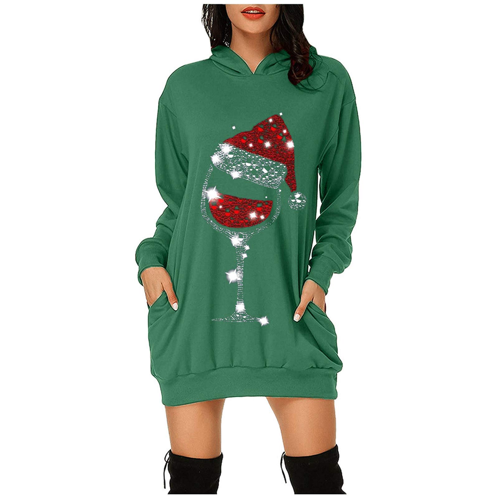 Funny Ugly Christmas Sweater Dress for Women - Reindeer & Santa Print Pullover Hooded Mini Dress | Perfect for Holiday Parties & Festive Gatherings