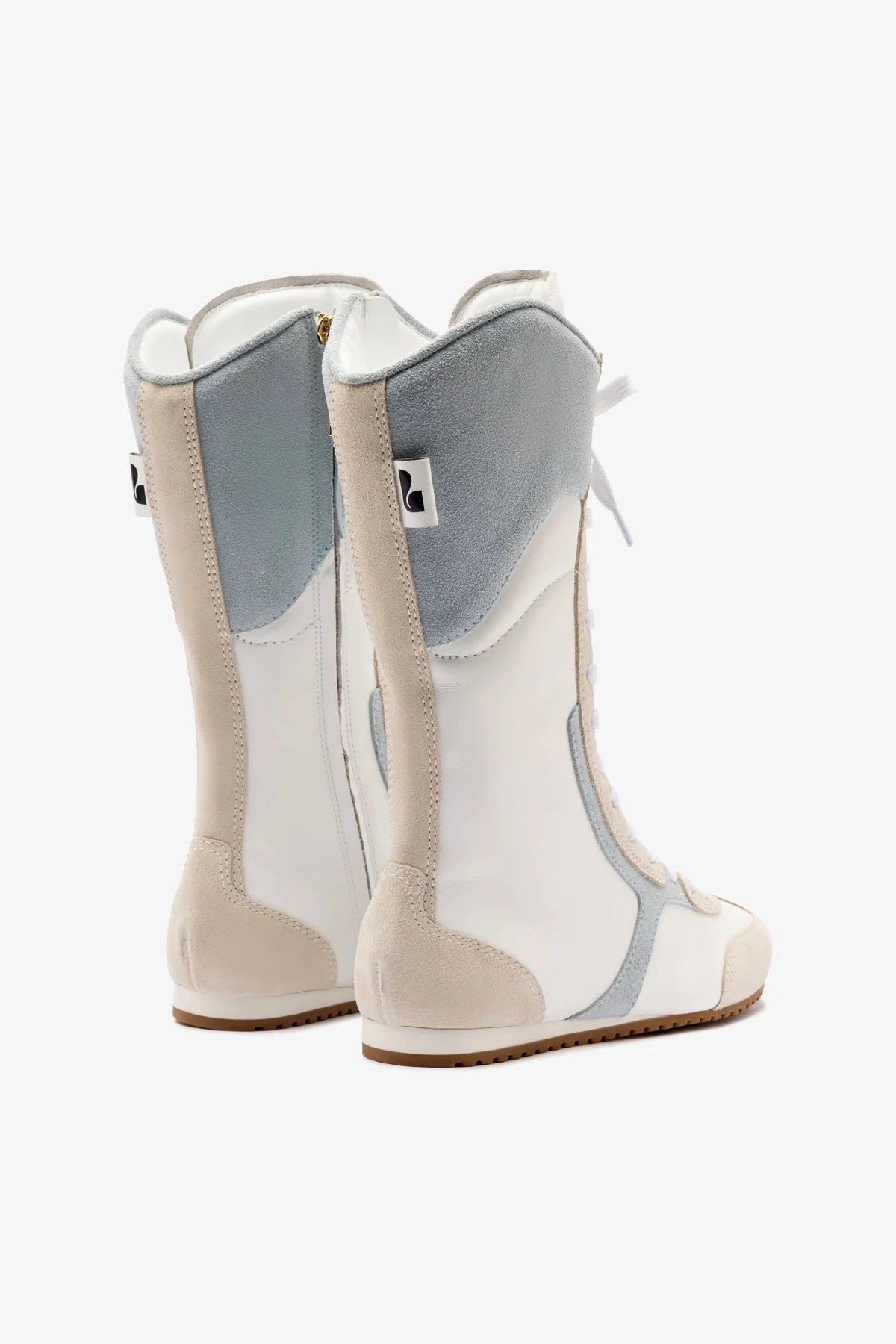 Larroudé x Jonathan Cohen White Leather Flat Lo Sneaker Boot with Maya & Mushroom Grey Suede - Stylish Women's Casual Shoes for Everyday Wear, Work & Outings