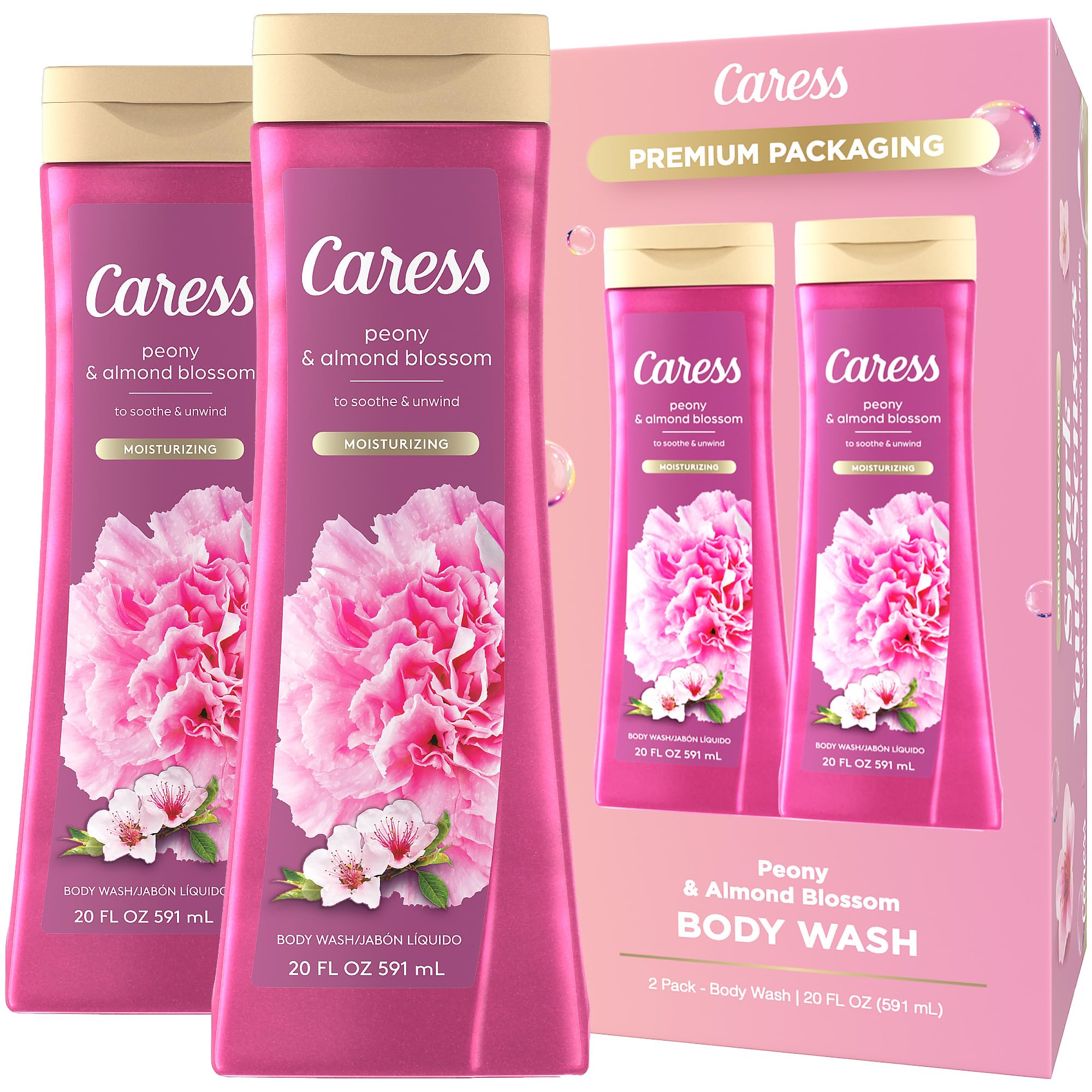 Caress Moisturizing Peony & Almond Blossom Body Wash - 20 Fl Oz (Pack of 2) | Hydrating Body Soap for Fresh, Smooth Skin | Soothes & Relaxes | Perfect for Daily Shower & Spa Night Self-Care