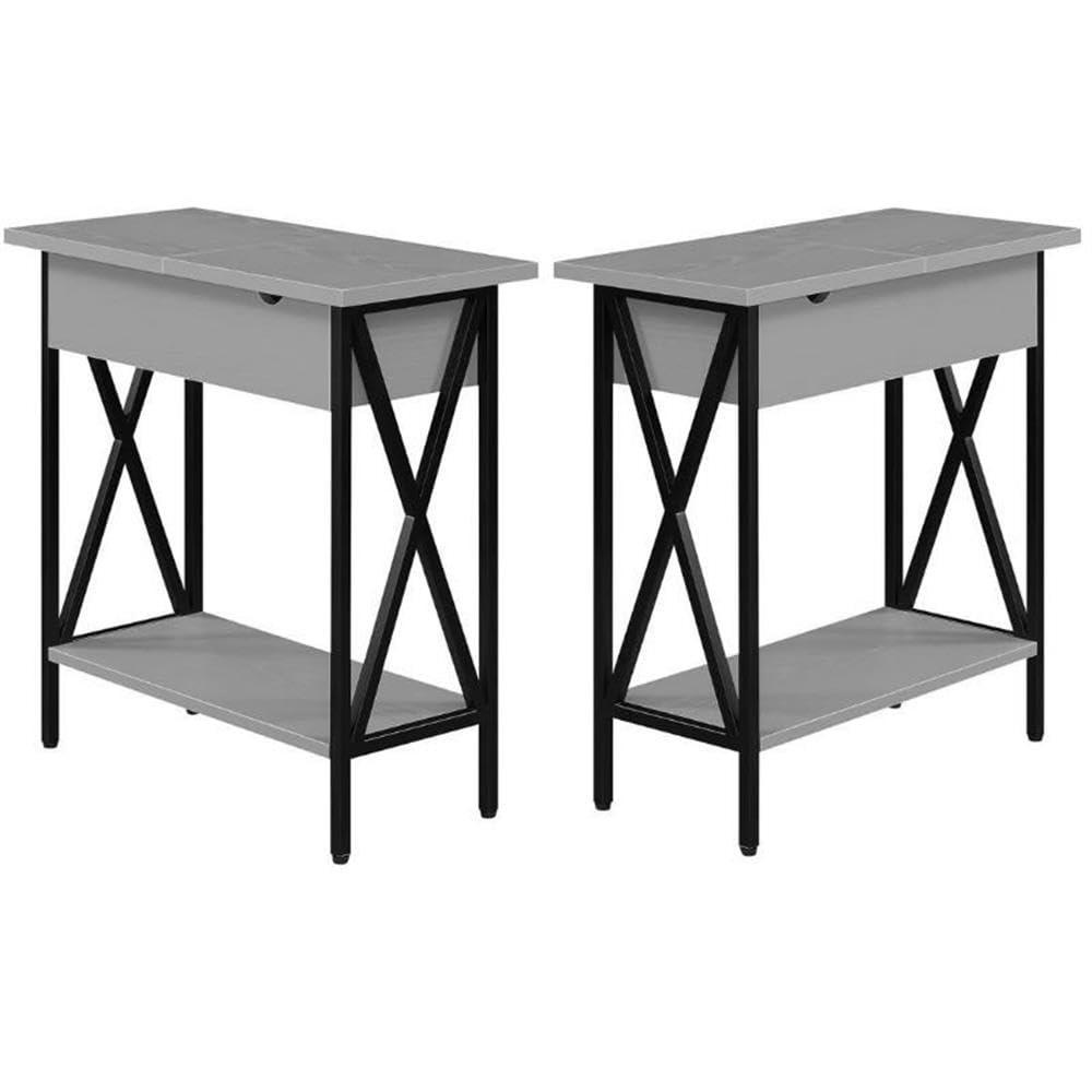 Gray Modern End Table with USB Charging Station & Storage Shelf - Set of 2 Nightstands for Bedroom, Living Room or Office