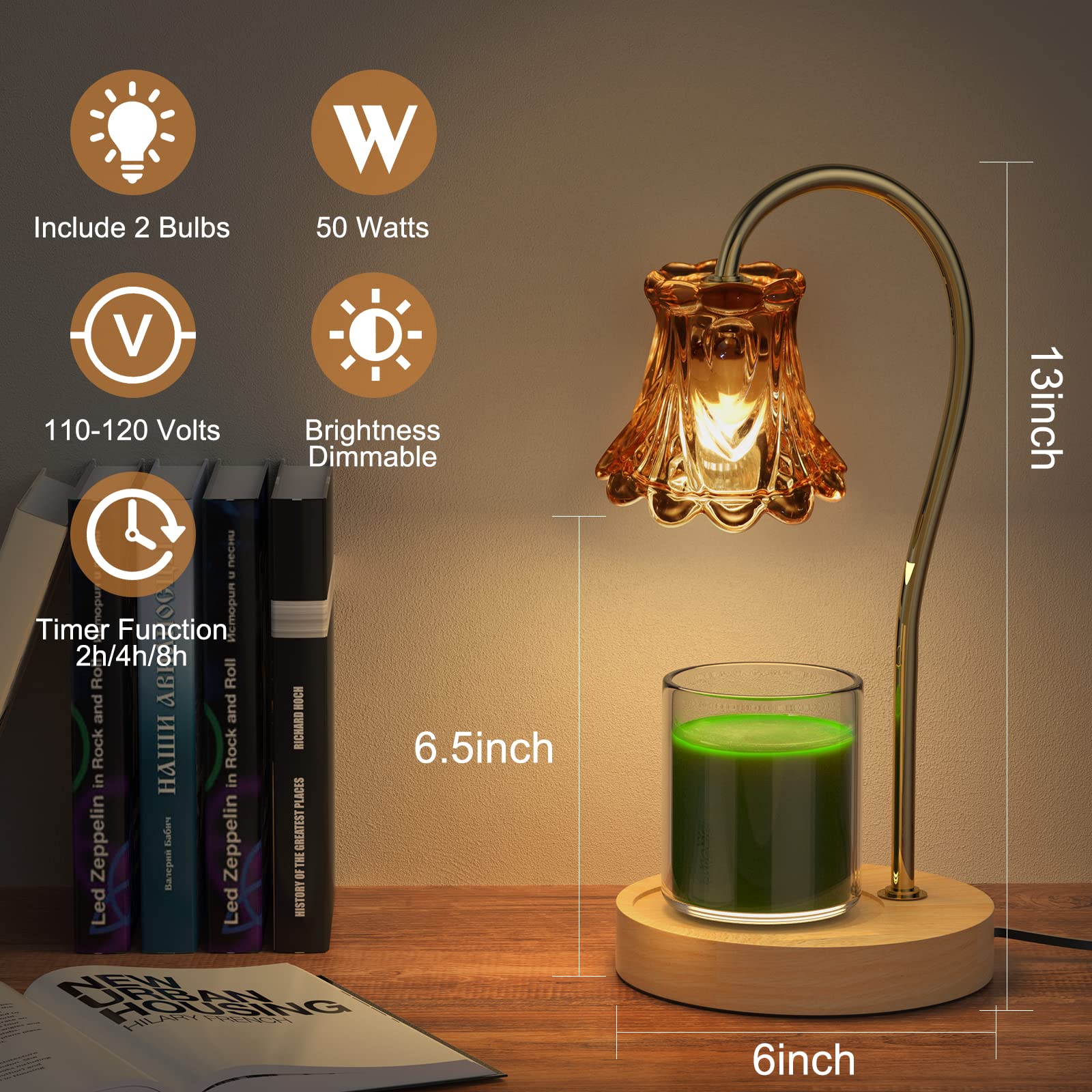 Dimmable Candle Warmer Lamp with Timer - Wax Melter for Scented Candles - Compatible with Small & Large Jars - Includes 2 LED Bulbs - Perfect for Home, Office & Spa Relaxation