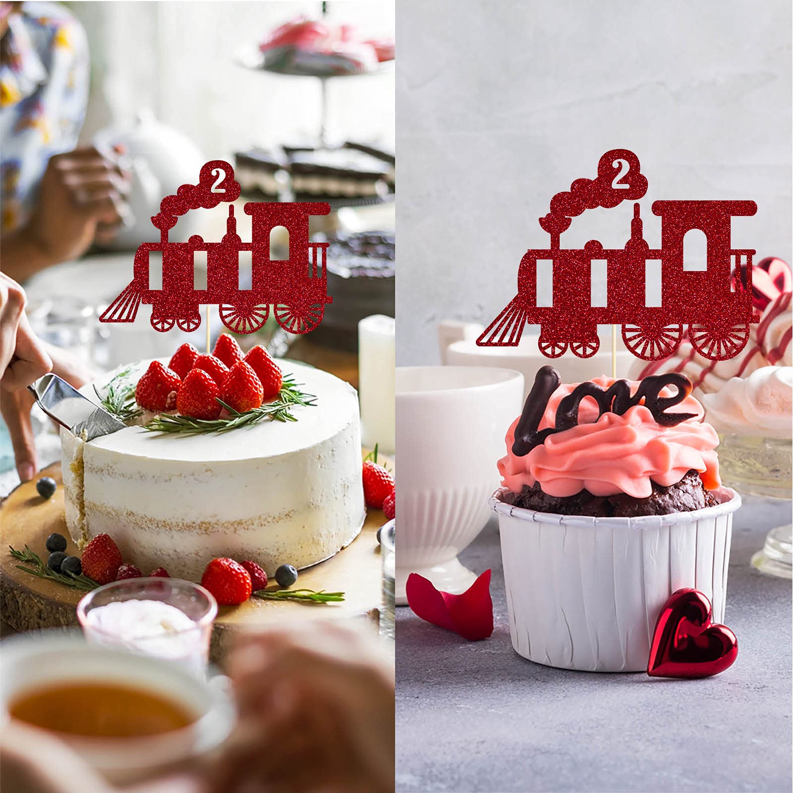 Red Train 2nd Birthday Cake Topper - Sparkling Red Glitter Boy & Girl Cake Decor for 2 Year Old Birthday Party | Perfect for Train-Themed Celebrations, Baby Showers & First Birthday Cakes