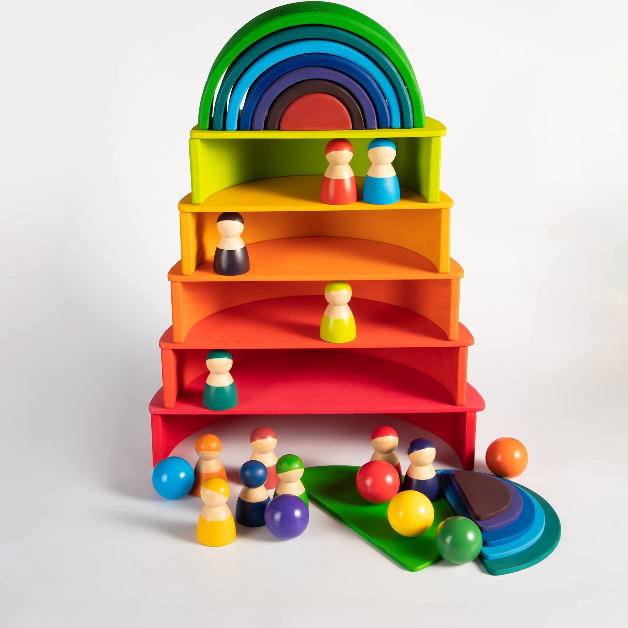 Wooden Rainbow Stacker Toy Set - Montessori Waldorf Educational Stacking Blocks with Semicircle Building Board - Open-Ended Learning Toy for Toddlers & Kids - Perfect Gift for Birthdays & Preschool Playtime (Rainbow Pack)