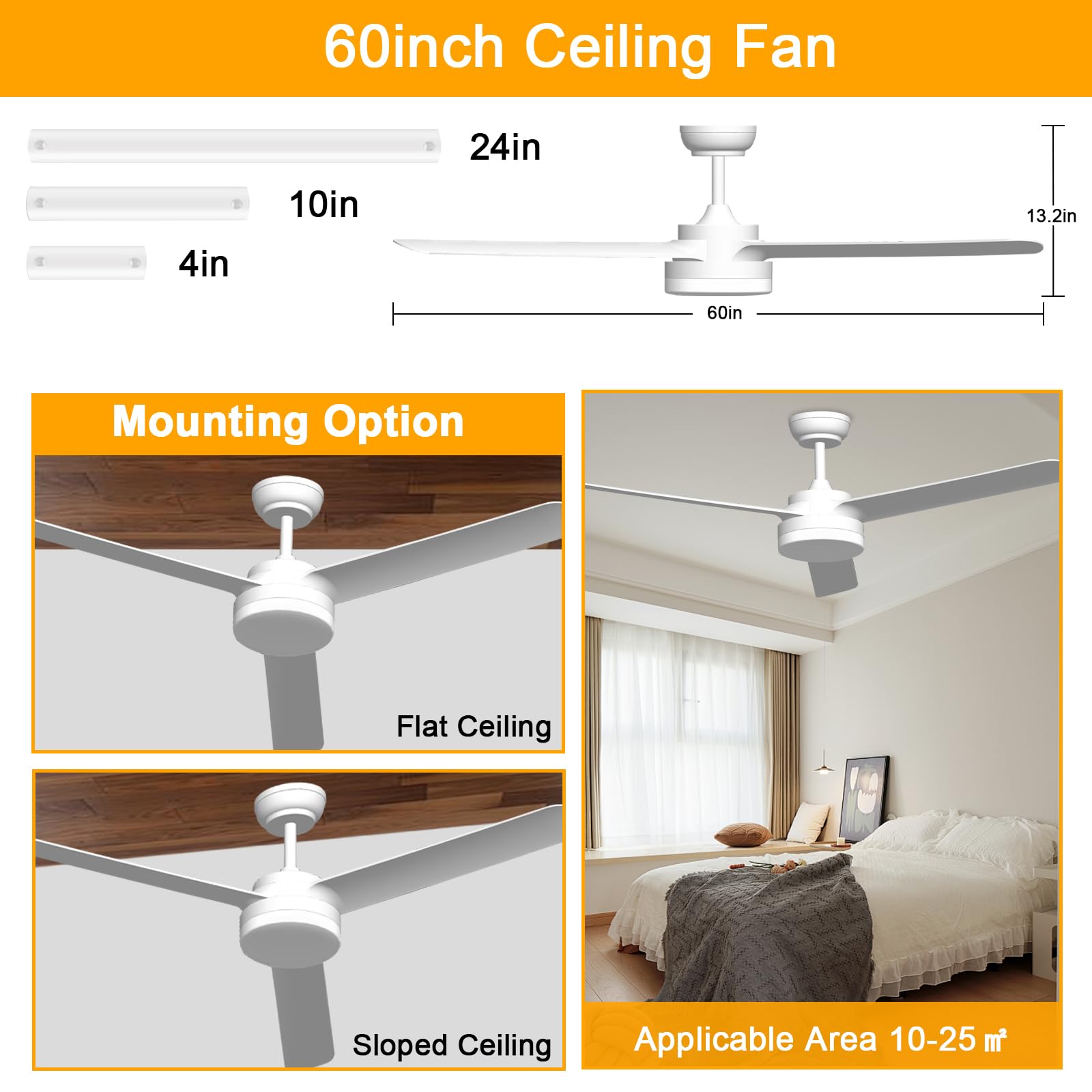 TODEHI 60 Inch Ceiling Fan with Light and Remote Control - 152cm Silent Reversible DC Motor, 3 Speed Settings & 1-8 Hour Timer - Perfect for Bedroom, Living Room, Study, and Patio (Indoor/Outdoor Use)