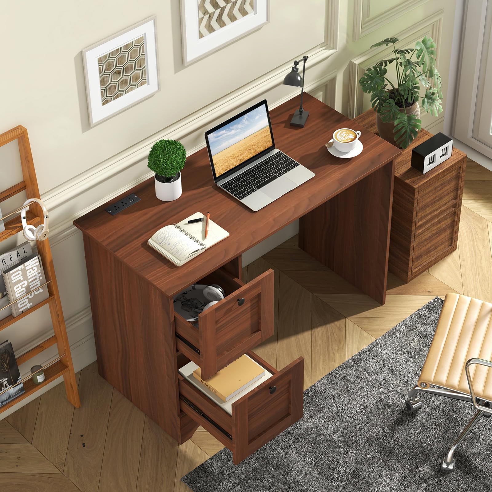 Tangkula Wooden Computer Desk with Drawers & USB Charging Station - Compact Home Office Desk for PC, Laptop & Notebook - Study Writing Workstation for Small Spaces - Perfect for Remote Work, Online Classes & Gaming Setup
