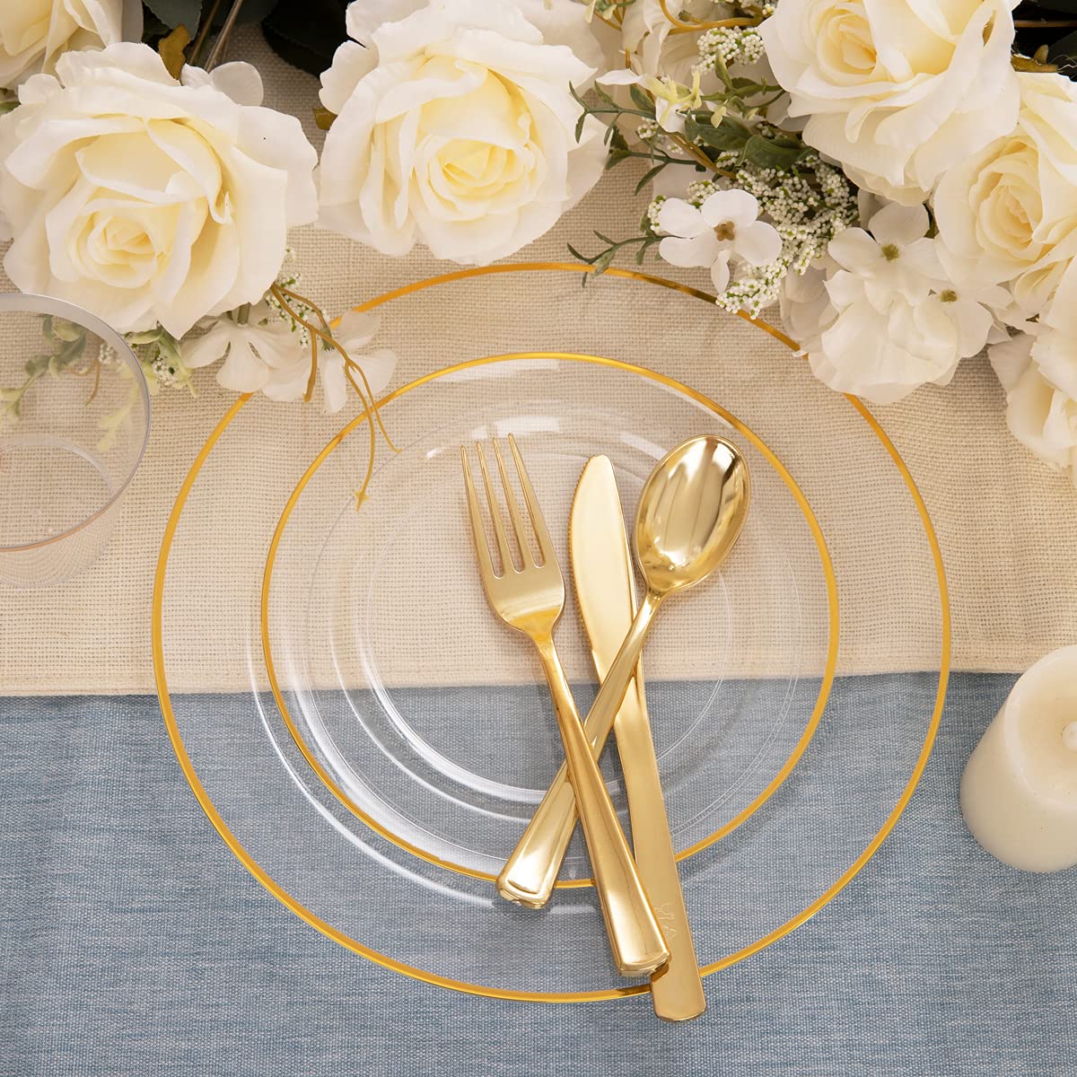 150-Piece Gold Plastic Dinnerware Set - 25 Dinner Plates, 25 Dessert Plates, 25 Cutlery & 25 Cups - Elegant Disposable Gold Party Plates for Weddings, Showers & Special Events - Perfect for Outdoor Gatherings, Birthday Parties & Holiday Celebrations