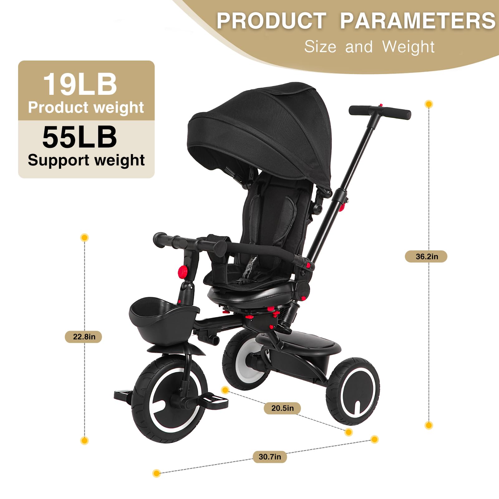 6-in-1 Foldable Baby Tricycle with Adjustable Canopy & Safety Harness - Convertible Toddler Trike for 7 Months to 5 Years Old Boys & Girls - Removable Push Handle, Rotating Seat & Storage Basket - Perfect for Outdoor Play, Park Rides & Learning Balance