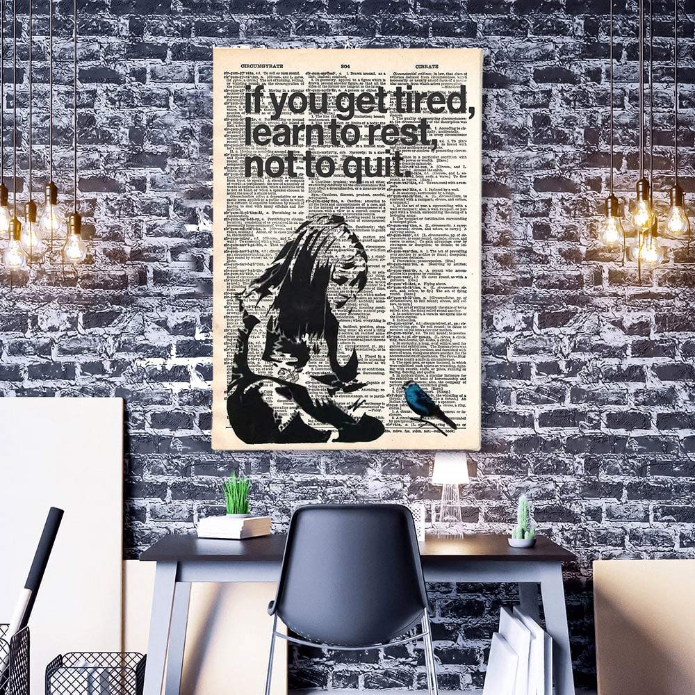 Banksy Vertical Collections Street Art Canvas - Ready to Hang Wall Decor (24x36 Inches, Gallery Wrapped, 'Girl If You Get Tired Learn To Rest Not To Quit' Dictionary Page Design) - Perfect for Living Room, Bedroom or Office - Made in USA