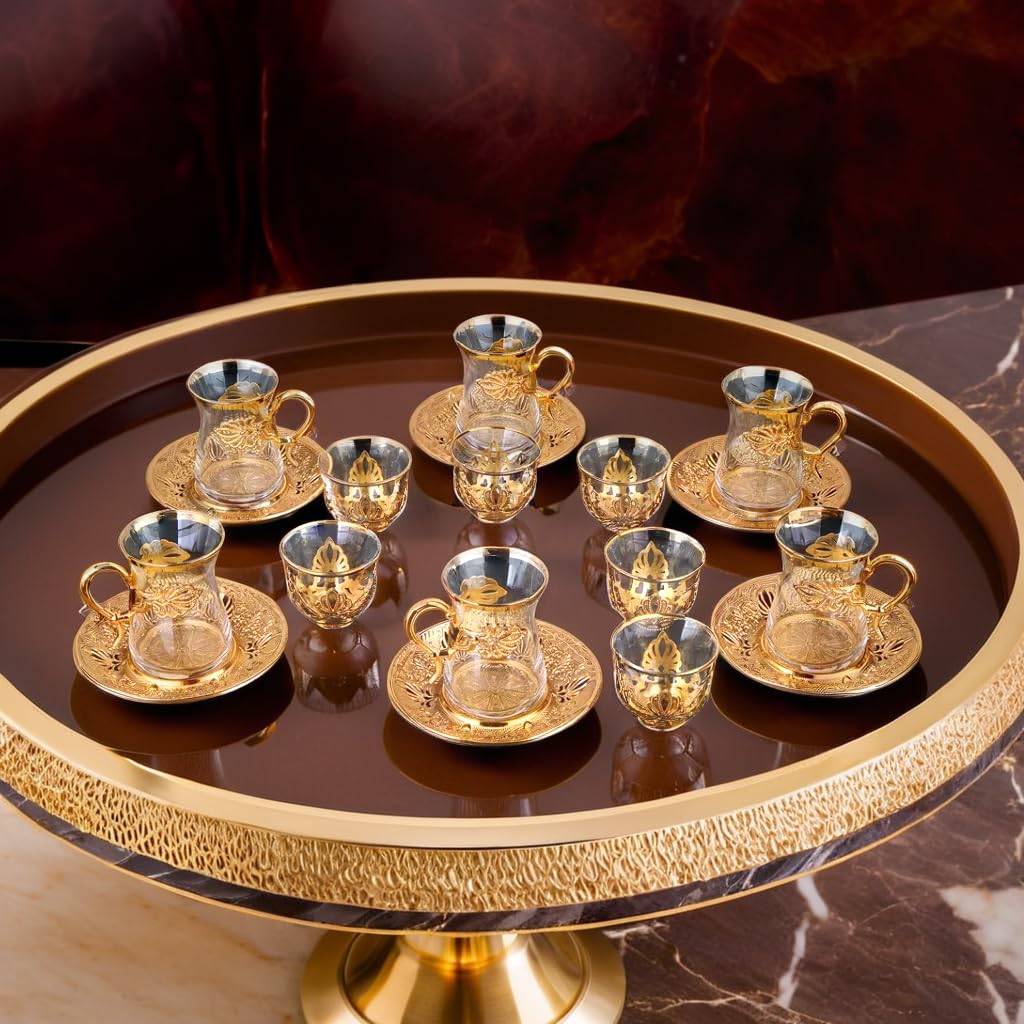 Vintage Handmade Turkish Tea Glasses Set of 6 with Saucer & Holder - Ottoman Style Mırra Cups for Arabic Tea Ceremony - Perfect for Serving Guests, Housewarming Gifts, Dinner Parties & Special Events - Elegant Gold Finish