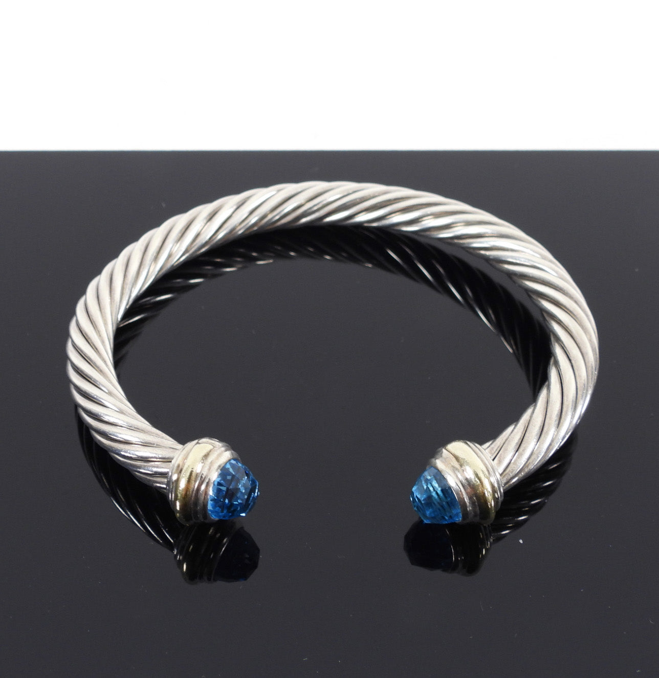 David Yurman Sterling Silver 14k Gold Classic Cable Bracelet with Blue Topaz - Elegant Jewelry Gift for Women, Perfect for Weddings & Special Occasions