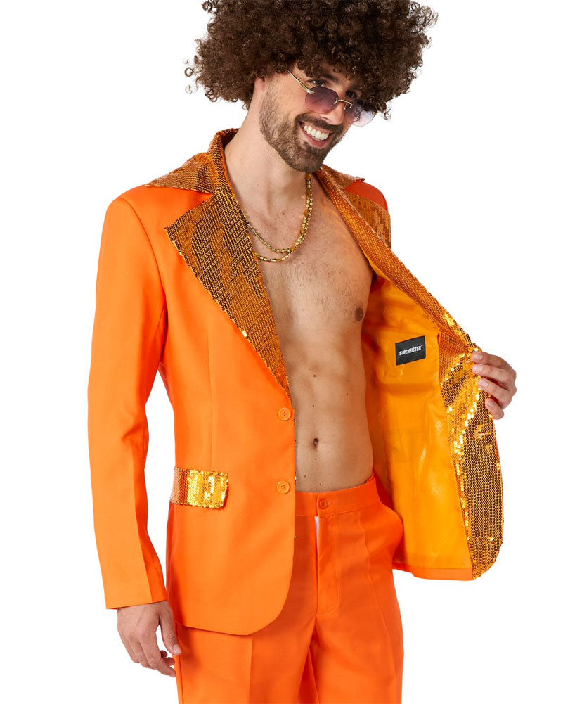 Vintage 70s Orange Disco Suit for Men - Retro Polyester Jumpsuit with Wide Lapels - Perfect for Halloween Costume, Themed Parties & Dance Performances