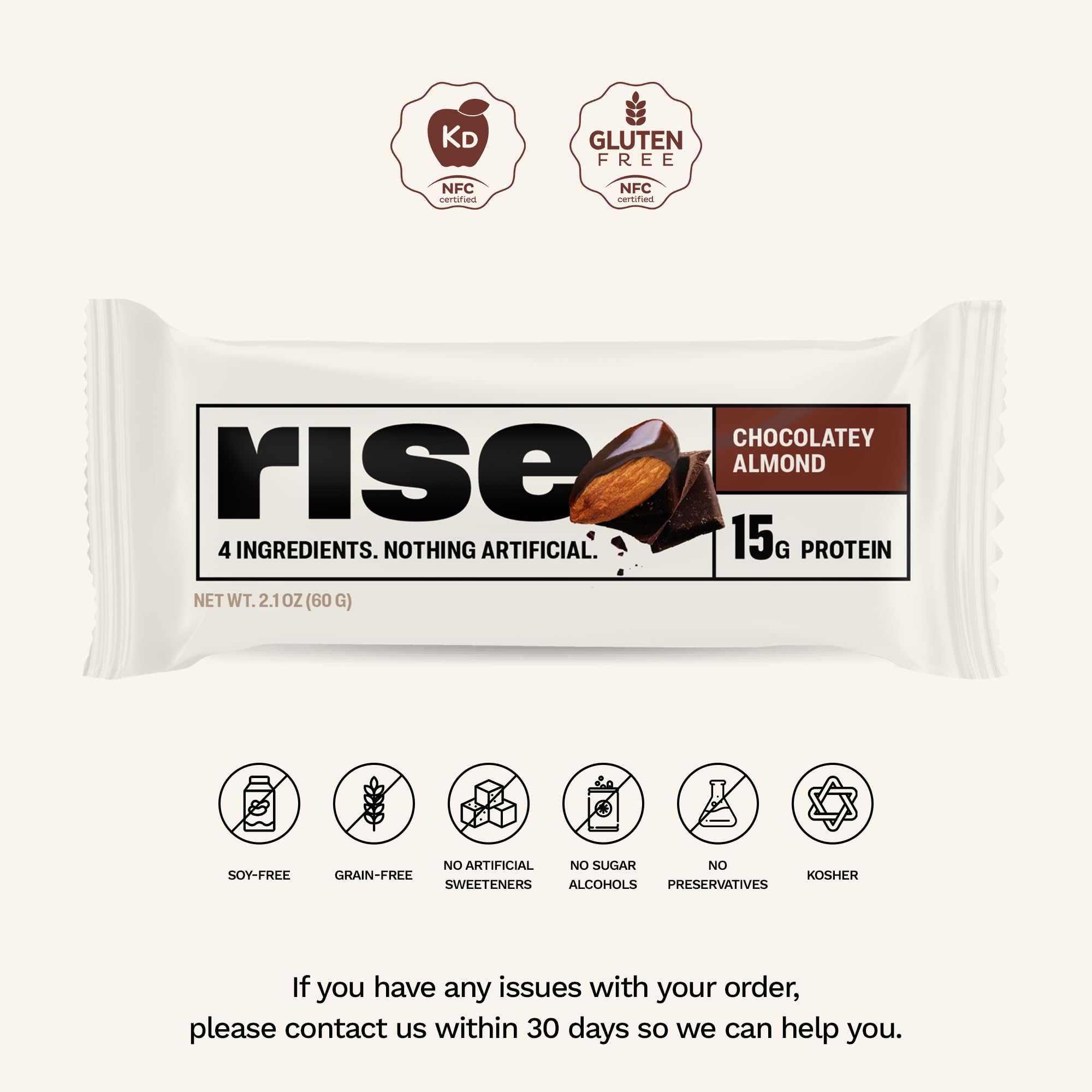 Rise Whey Protein Bars - Chocolate Almond Flavor | High Protein Snack with 15g Protein & 5g Fiber, Gluten-Free, Soy-Free, 4 Whole Food Ingredients | Perfect for Breakfast, Post-Workout & On-the-Go Nutrition