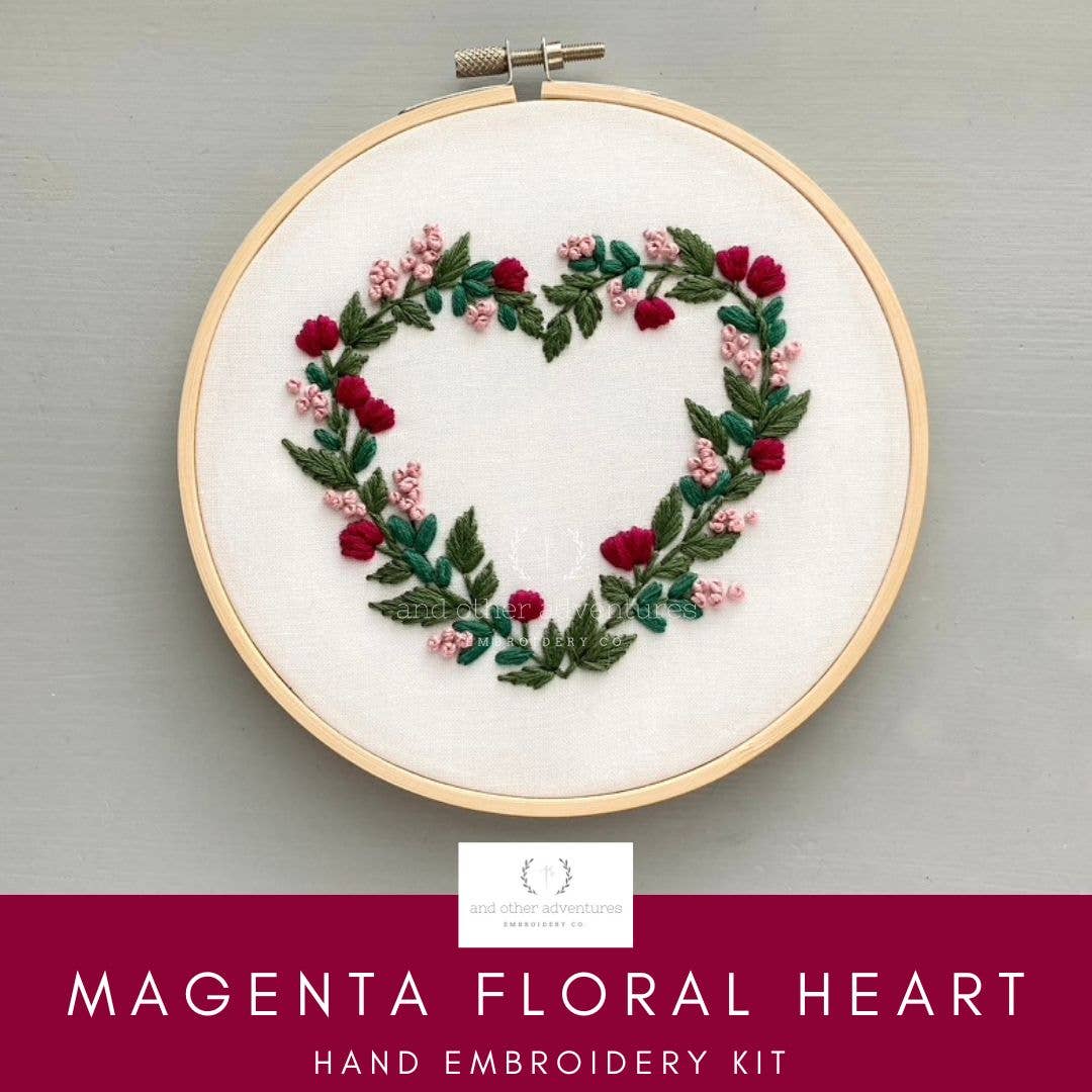 Magenta Floral Heart Embroidery Kit for Beginners - DIY Hand Embroidery Set with Hoop, Needles & Thread - Perfect for Home Decor, Gifts & Craft Projects
