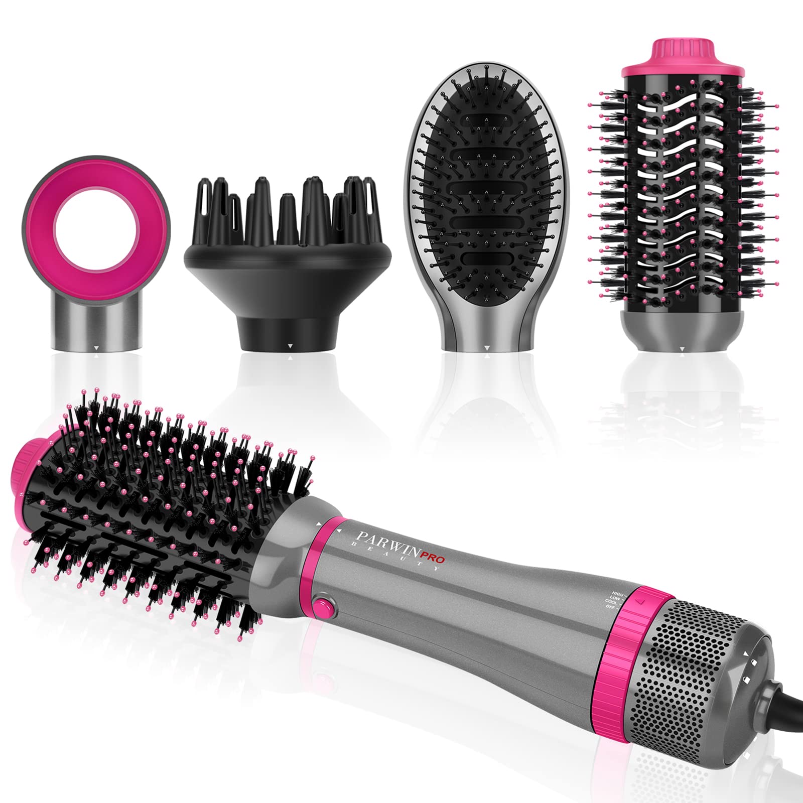 PARWIN PRO BEAUTY 4-in-1 Ionic Hair Dryer Brush Set with Hot Air Styler, Diffuser & Frizz-Free Attachments - 1000W for Salon-Quality Blowouts at Home - Perfect for Daily Styling, Curly Hair Care & Travel Use