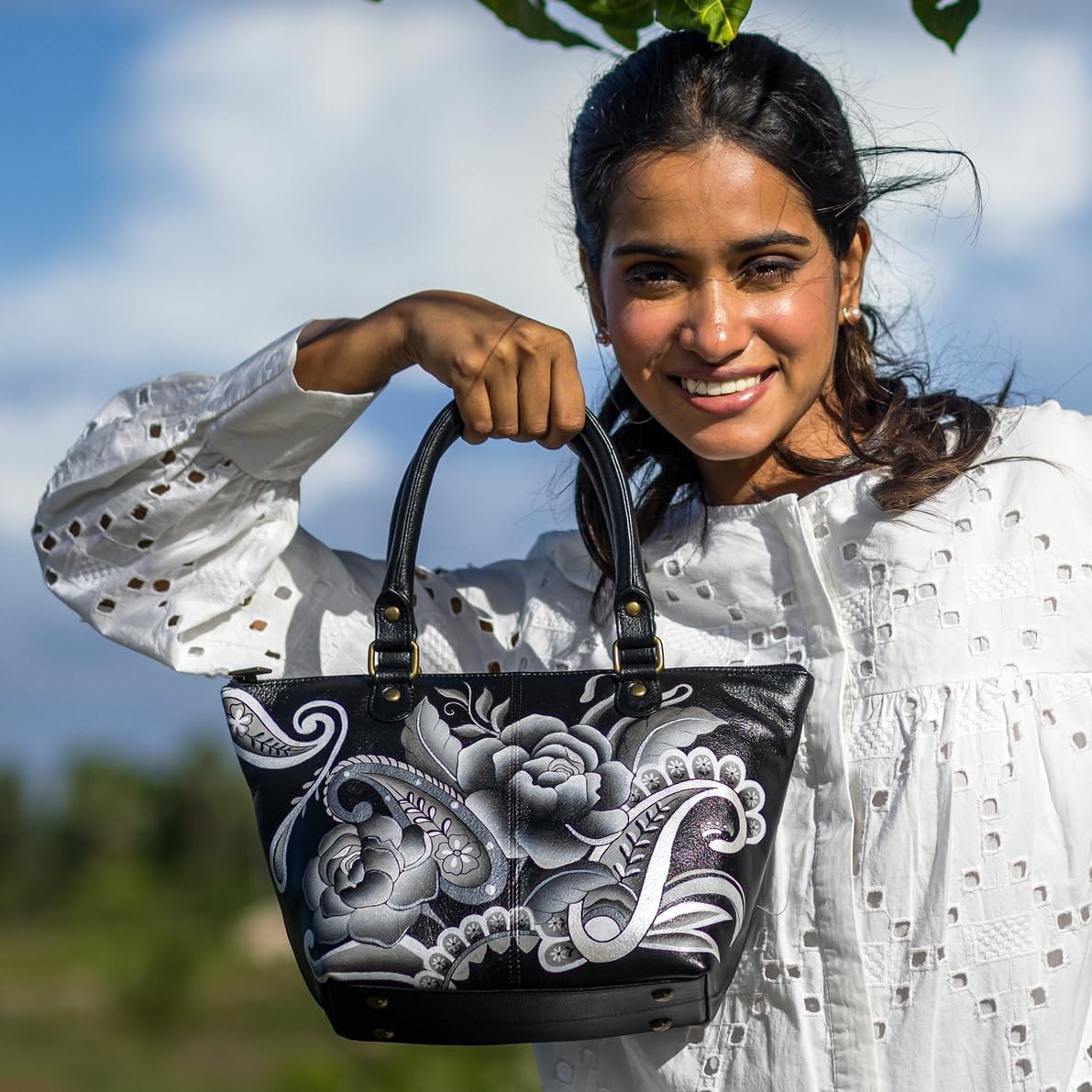 Anuschka Anna Peonies and Paisleys Black Leather Handbag - Stylish Women's Shoulder Bag for Work, Travel & Evening Out
