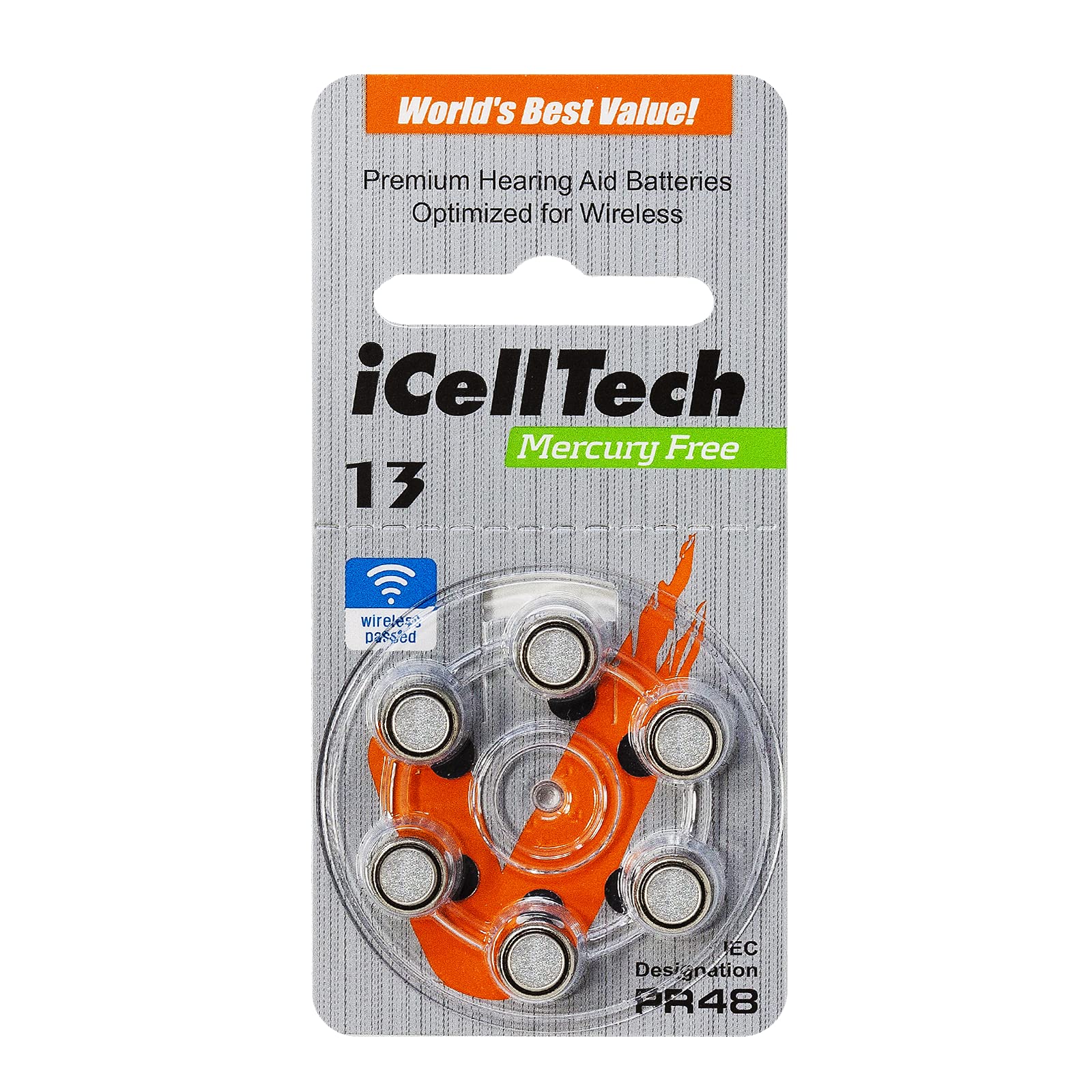 iCellTech Mercury-Free Size 13 Hearing Aid Batteries (60 Pack) - Long-Lasting Power for Hearing Aids, Digital Amplifiers & Assistive Listening Devices