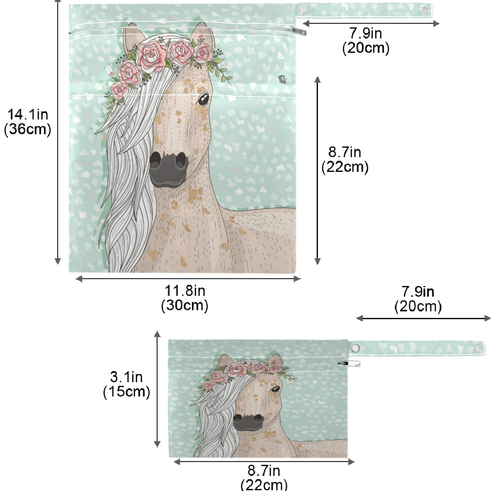 Visesunny 2-Pack Cute Horse with Wreath Floral Wet Bags - Washable Reusable Zippered Pockets for Travel, Beach, Pool, Daycare | Perfect for Stroller, Diapers, Gym Clothes, Swimsuits & Toiletries Storage | Waterproof Organizer for Sports, Baby Essentials & Wet Items