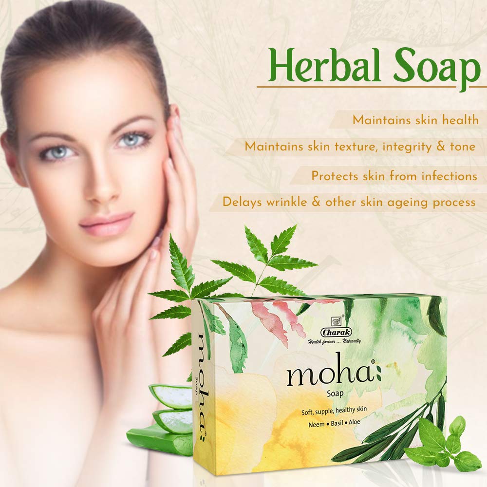 Organic Moha Herbal Soap Bar - Natural Aloe Vera, Basil & Neem Face & Body Cleanser | Gentle Unisex Bathing Bar for Sensitive Skin | 100g Each (Pack of 3) | Perfect for Daily Skincare Routine, Acne Treatment & Relaxing Bath Time