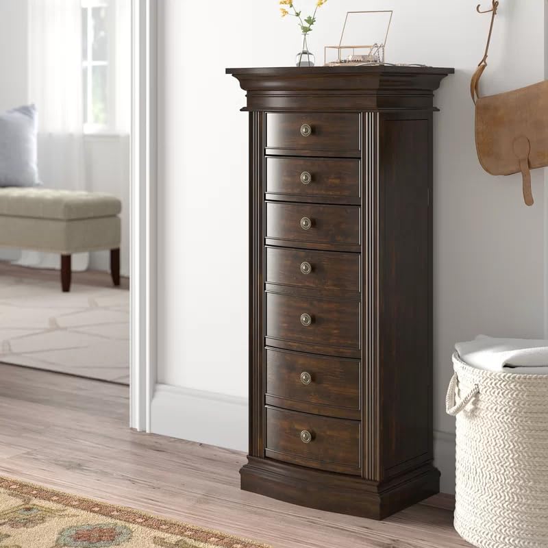 Hives & Honey Walnut Jewelry Armoire Cabinet with Mirror - 7 Drawers, 2 Side Doors for Necklace, Earring, Bracelet Storage - Perfect for Bedroom, Closet & Dressing Room Organization