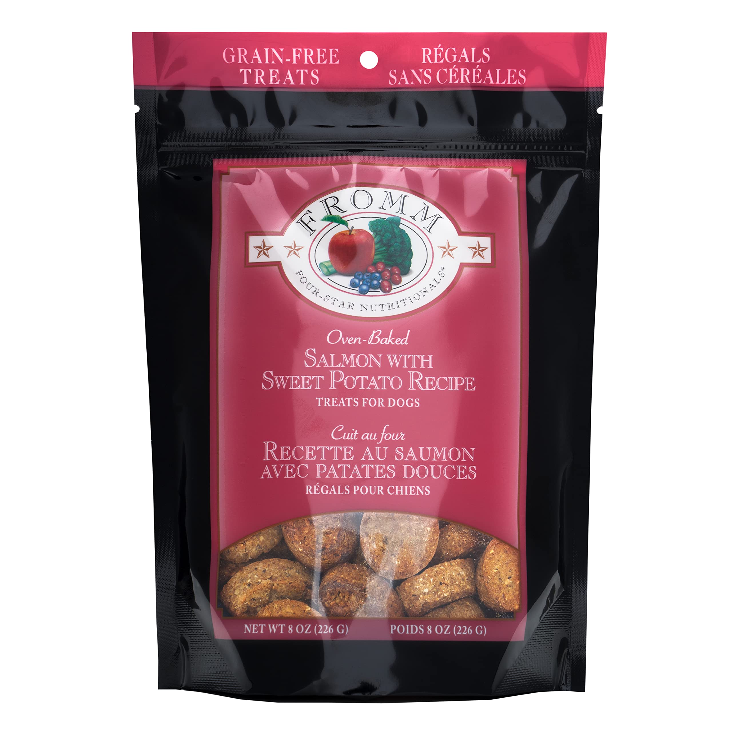 Fromm Four-Star Nutritionals Salmon & Sweet Potato Dog Treats - Grain-Free, Oven-Baked Dog Snacks for Small & Large Breeds - Healthy Salmon Recipe Dog Food Topper - 8 oz - Perfect for Training Rewards & Dental Health