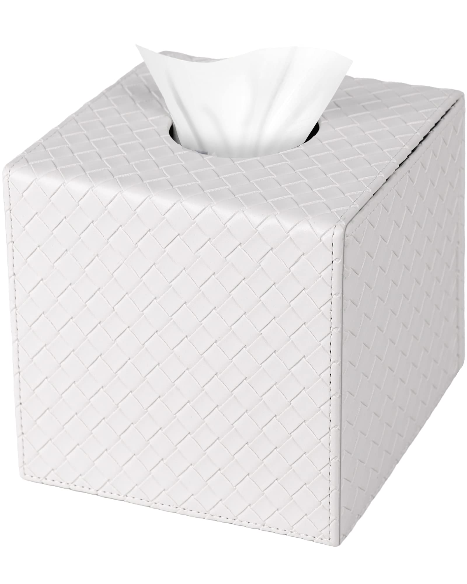 Jeethemy Square Tissue Box Cover - Black PU Leather with Braided Pattern, Portable Foldable Home & Outdoor Tissue Holder - Perfect for Living Room, Office, Car, and Travel Accessories (White)