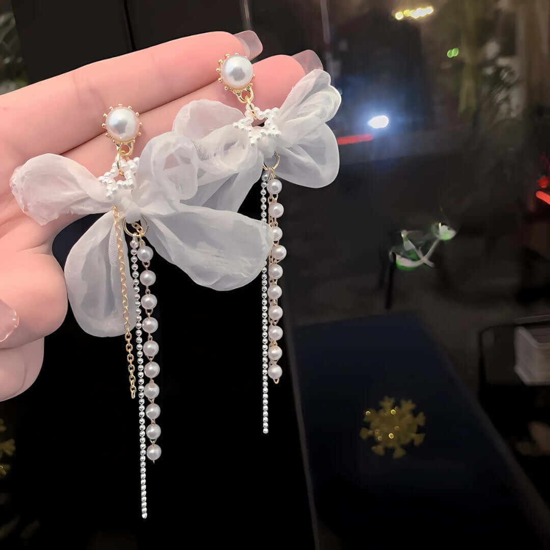 Elegant Chiffon Pearl Bow Drop Earrings for Women - Long Chain Dangle Earrings with Pearl Accents | Perfect for Weddings, Parties & Special Occasions