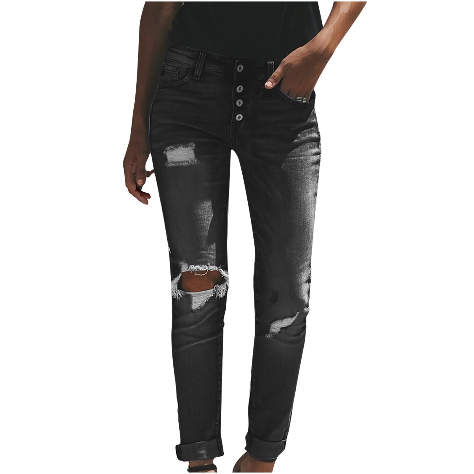 ADTT Women's Casual Boyfriend Jeans - Mid Waist Button Front Tapered Fit Denim Pants for Everyday Wear & Office Outfits