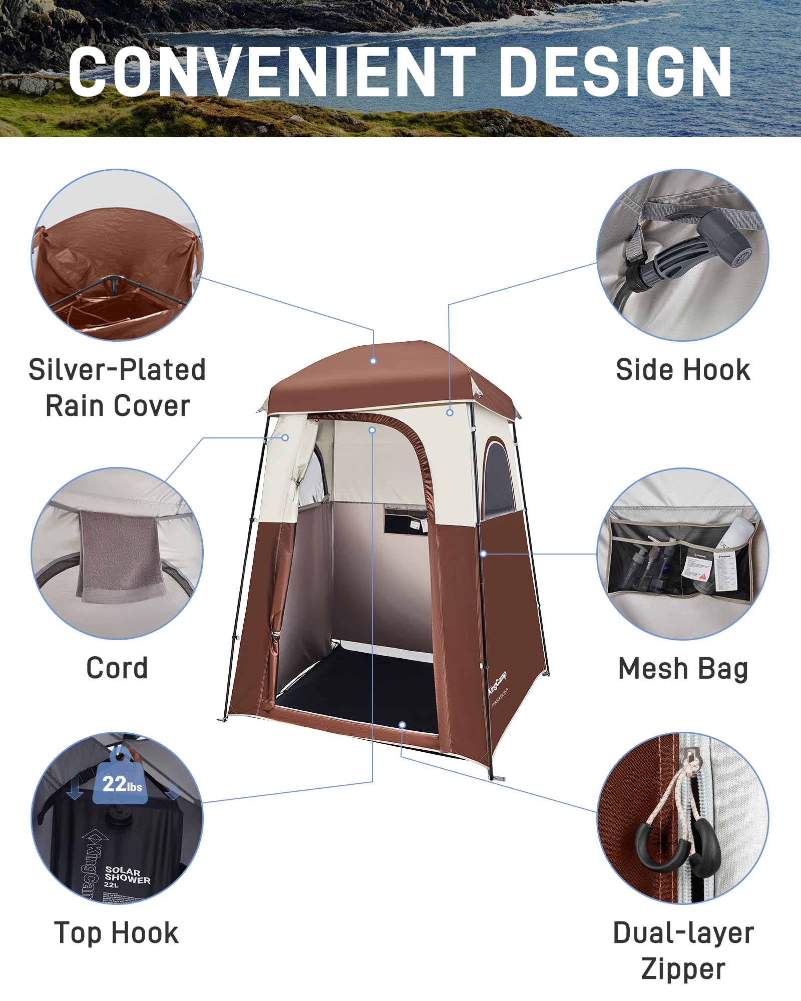 KingCamp Luxury Camping Shower Tent with Shower Bag - Privacy Shelter for Outdoor Bathing | 1-Room & 2-Room Toilet Tent Options | Perfect for Camping, Hiking, Beach Trips & RV Adventures