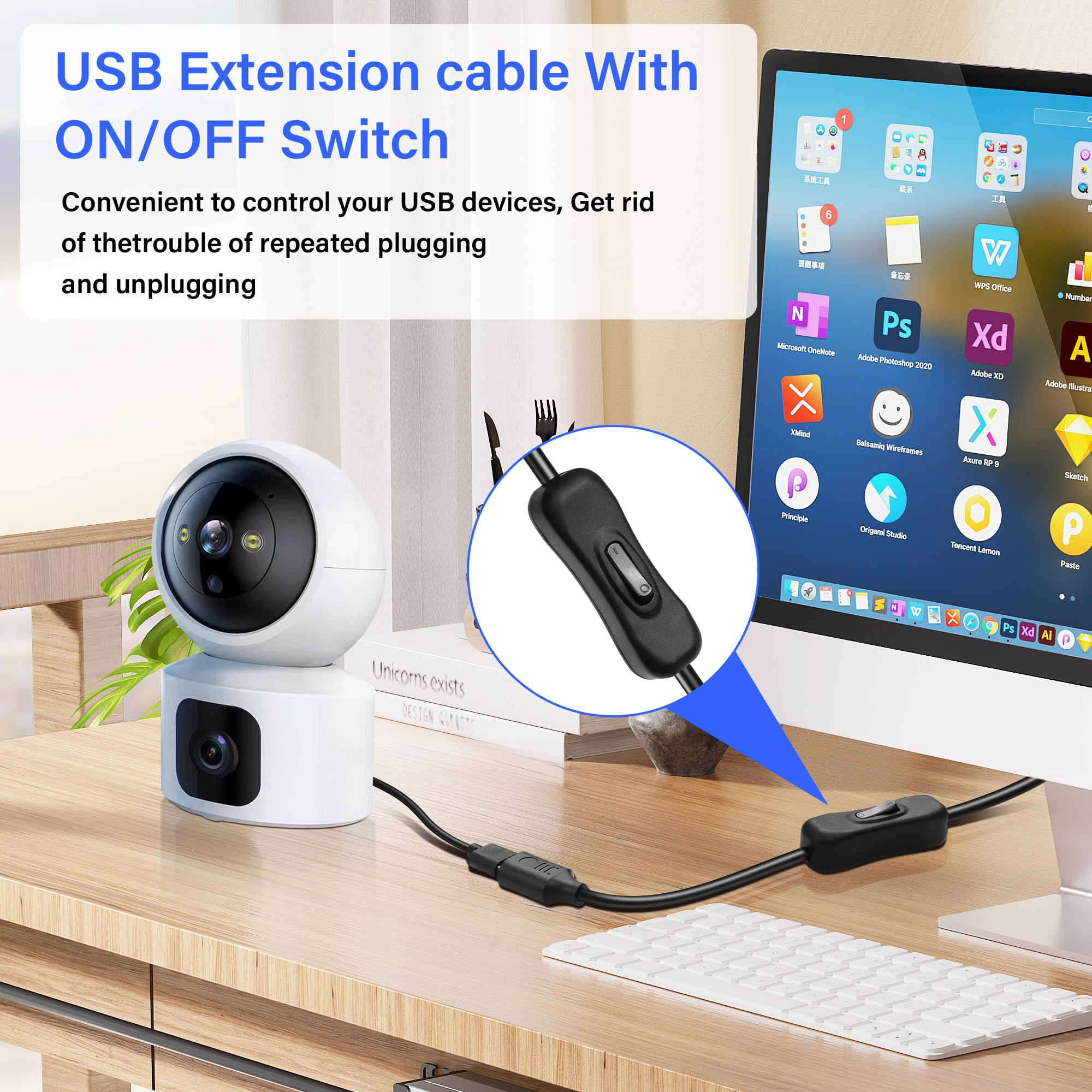 USB 3.0 Extension Cable with On/Off Switch - 1ft for PC, TV, Car & LED Strips