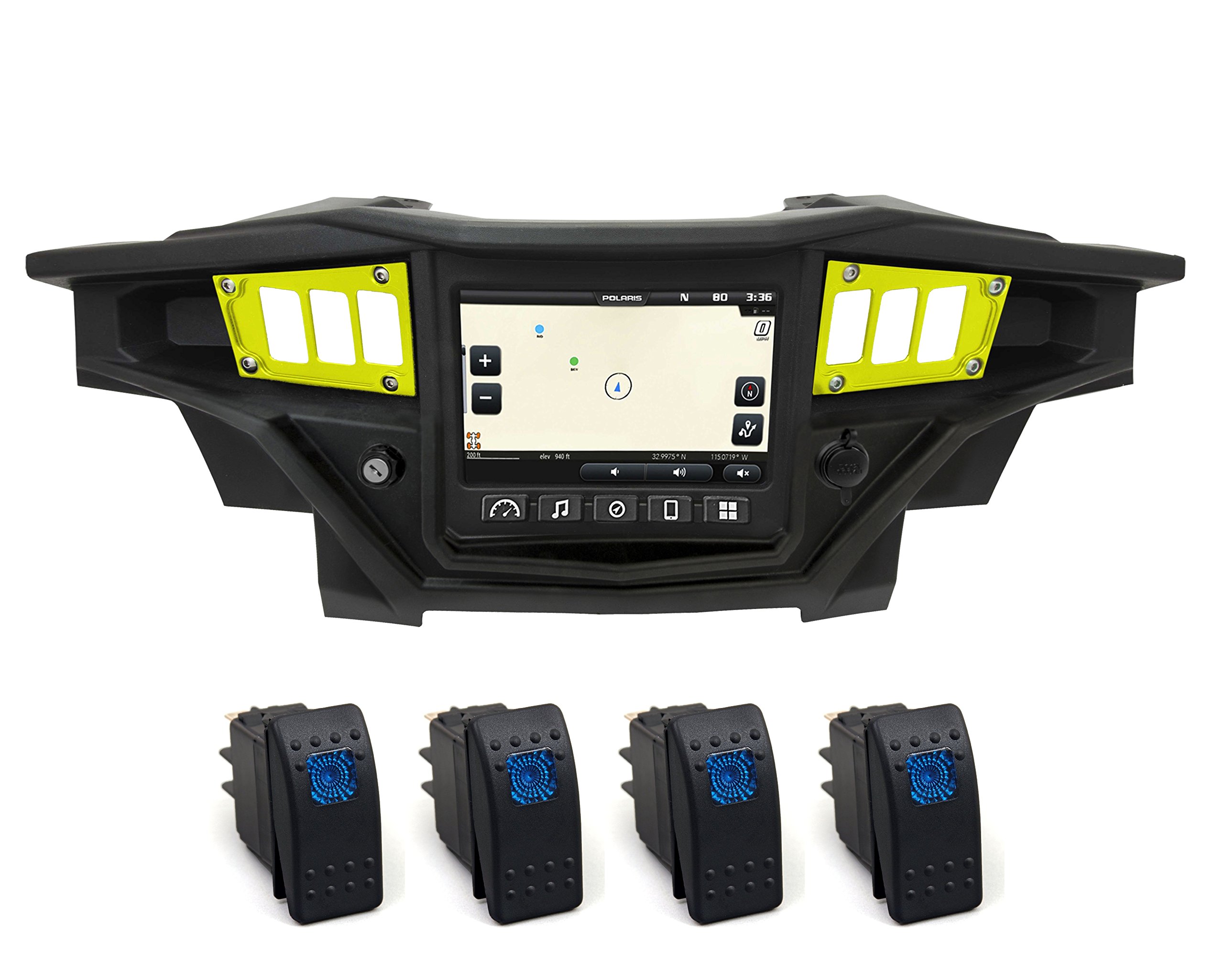 STV Motorsports Custom Switch Dash Panel Plates for 2017-2018 Polaris RZR XP 1000 RIDE COMMAND - 4 Free Rocker Switches Included - 100% Made in USA (Lime Green) - Perfect for Off-Roading & UTV Accessories Upgrade
