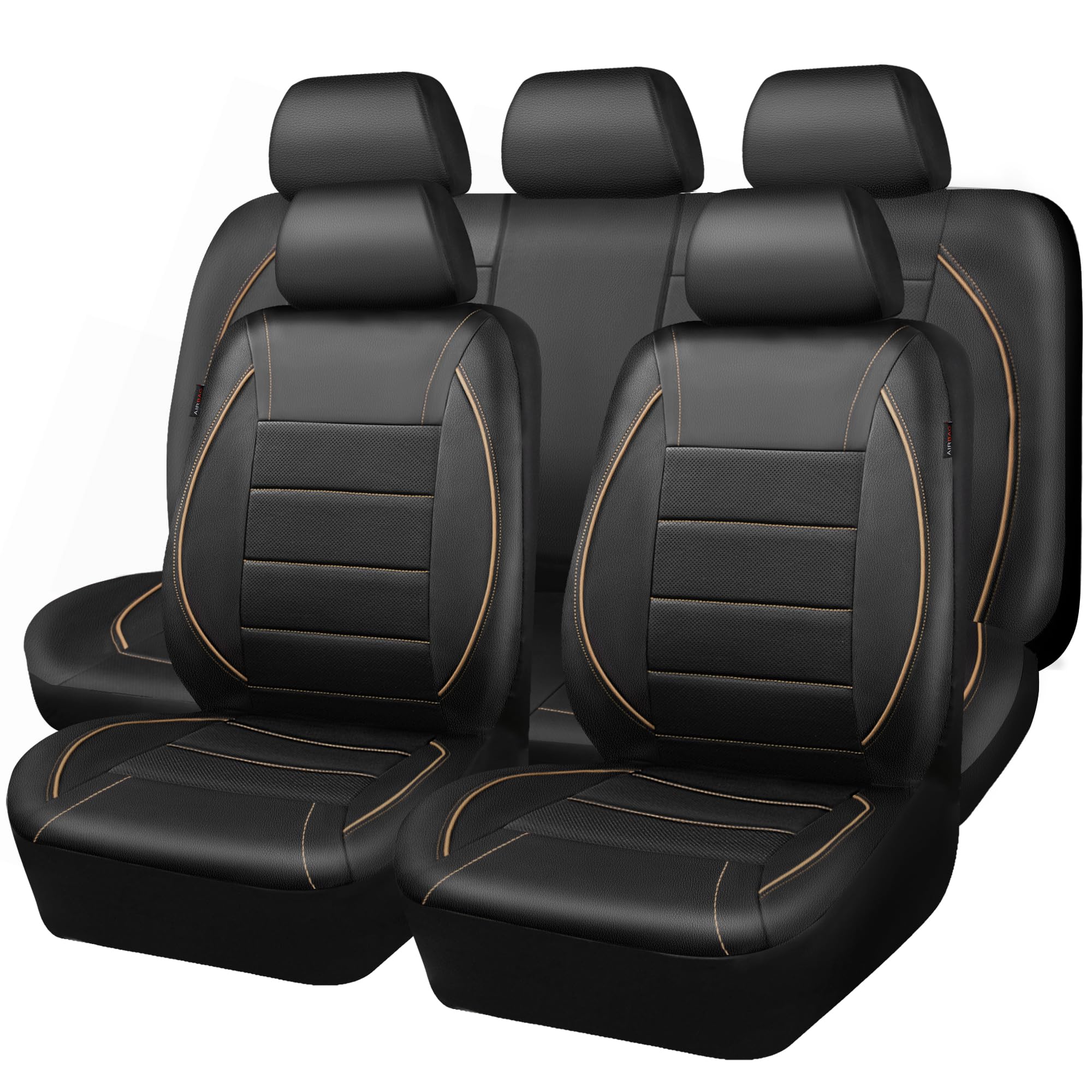 CAR PASS Universal FIT Piping Leather Car Seat Cover - Airbag Compatible, Inside Zipper Design for SUVs, Vans, Trucks - Black and Beige Full Set for Road Trips, Daily Commute & Family Travel