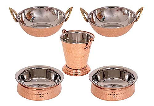Premium Stainless Steel & Copper Cookware Set - 2 Handi Pots, 2 Kadai Pans & 1 Balti Bucket for Indian Cooking | Traditional Kitchen Utensils for Curry, Biryani & Stews | Ideal for Home Chefs & Restaurant Use