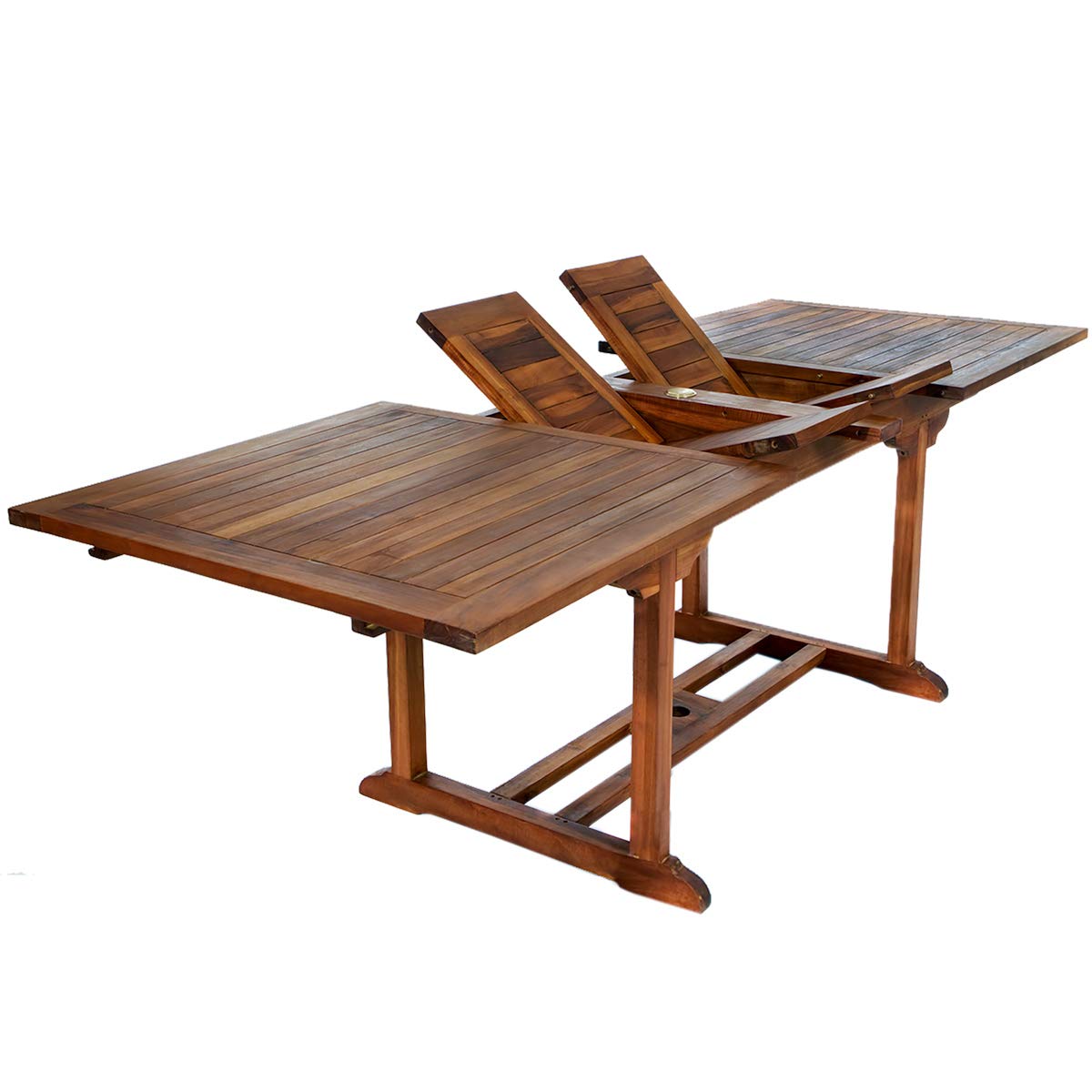 All Things Cedar TE90-24-B 7-Piece Teak Extension Patio Dining Set with Stackable Arm Chairs & Blue Cushions | Outdoor Wooden Furniture, Expandable Table (95