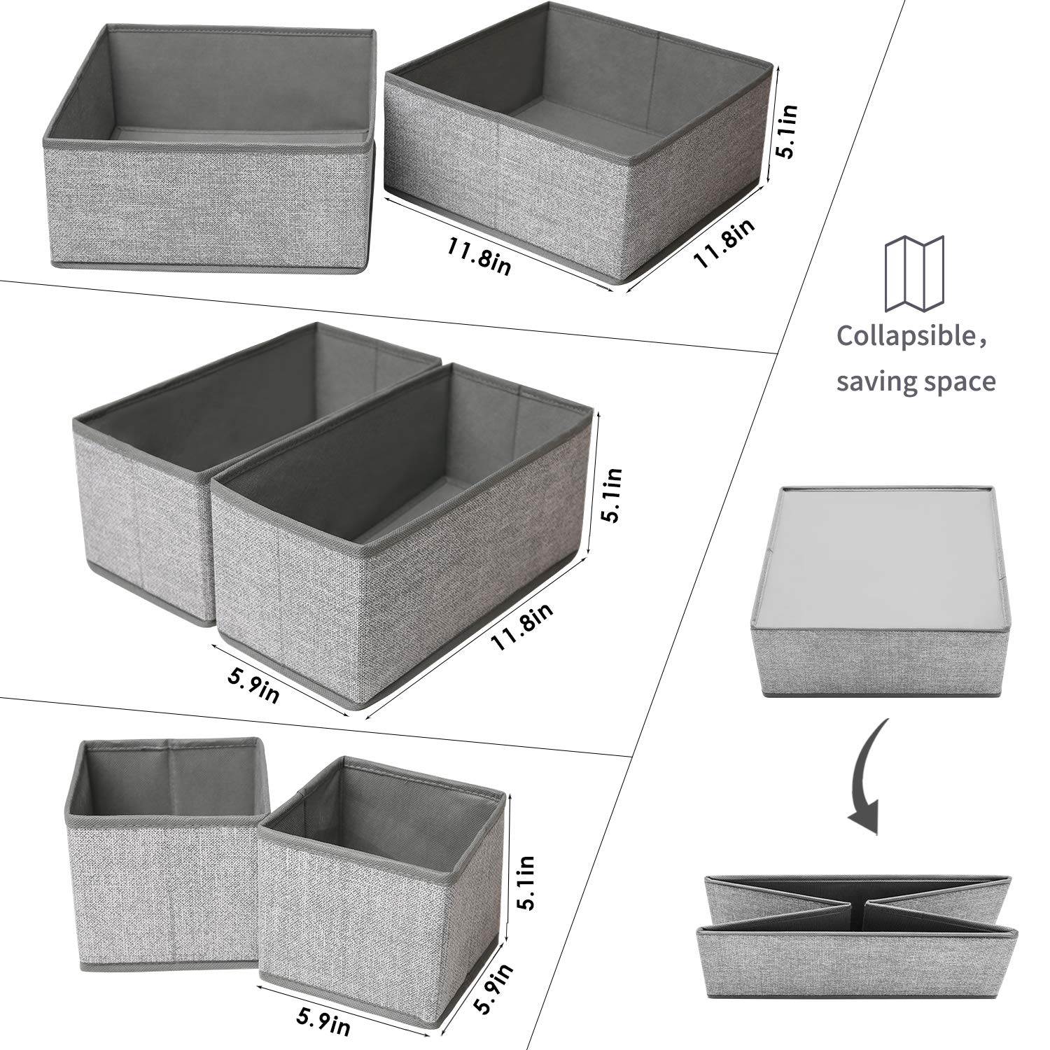 8-Pack 11-Inch Fabric Storage Cubes & 6-Pack Drawer Organizers for Bras, Socks & Underwear - Closet & Dresser Organization Solutions for Bedroom, Dorm, and Office Storage Needs