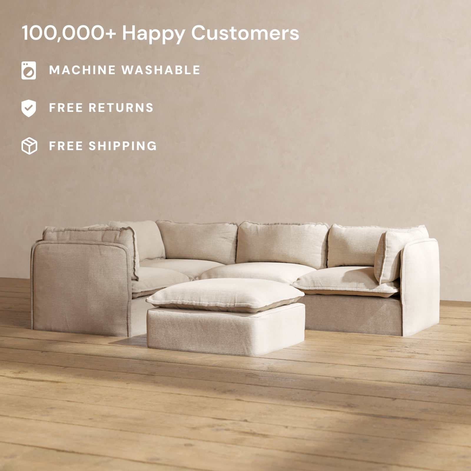 Premium Modular Performance 4-Seater Corner Sectional Sofa with Ottoman in Oat - Luxe Fabric Blend | Perfect for Living Room, Family Room & Home Theater Comfort