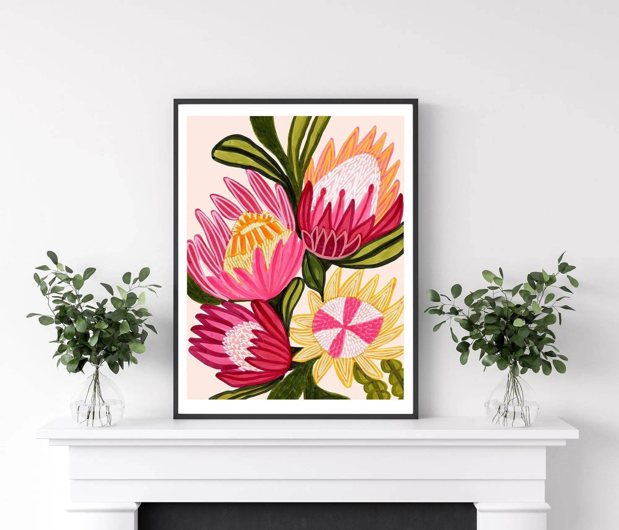 King Red Protea Flowers Wall Art Giclee Print - Premium Botanical Home Decor for Living Room, Bedroom & Office