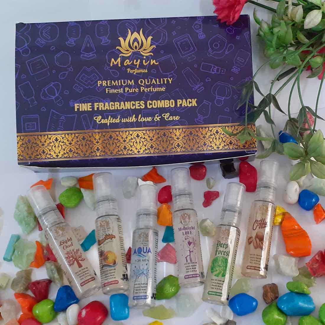 Mayin Aqua, Light Oudh, Summer Cologne, Midnight Love, Deep in the Forest, Coffee Eau De Parfum Gift Set for Men - 6 x 10ml (60ml) Fragrance Sampler | Perfect for Travel, Gifts & Daily Wear